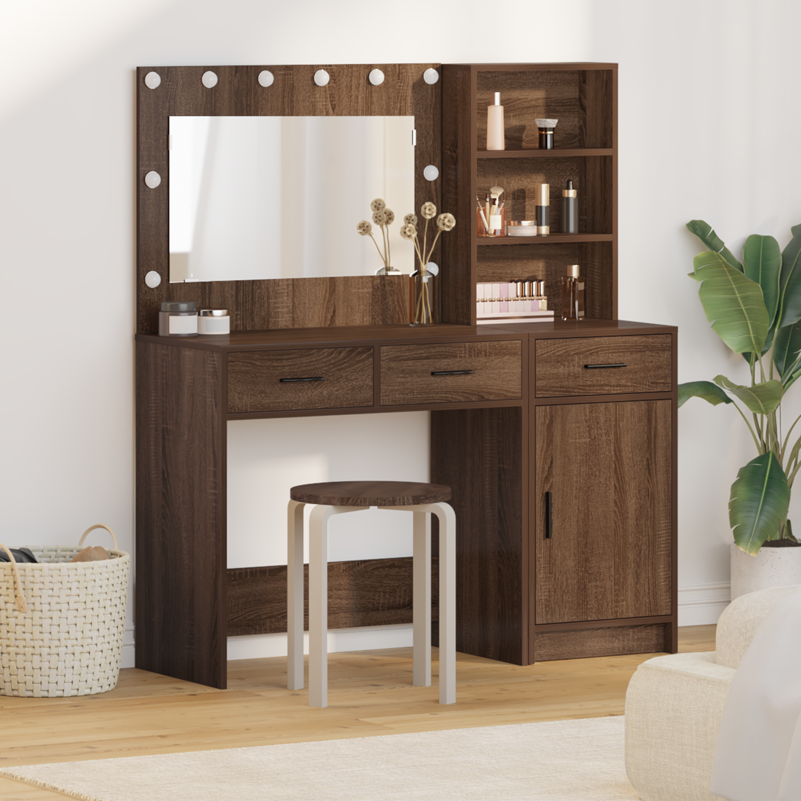 2-Piece Dressing Table Set with LED in Black Oak Engineered Wood