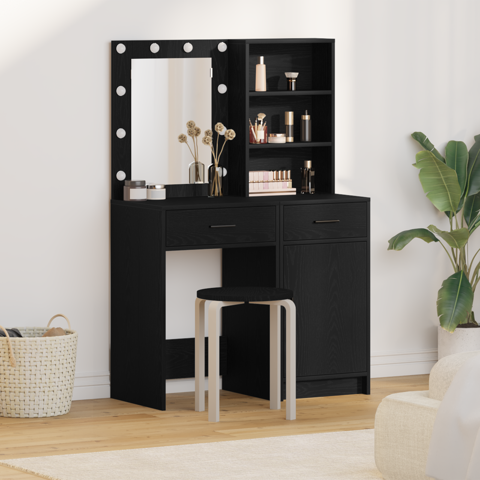 2 Piece Dressing Table Set with LED Black Engineered Wood