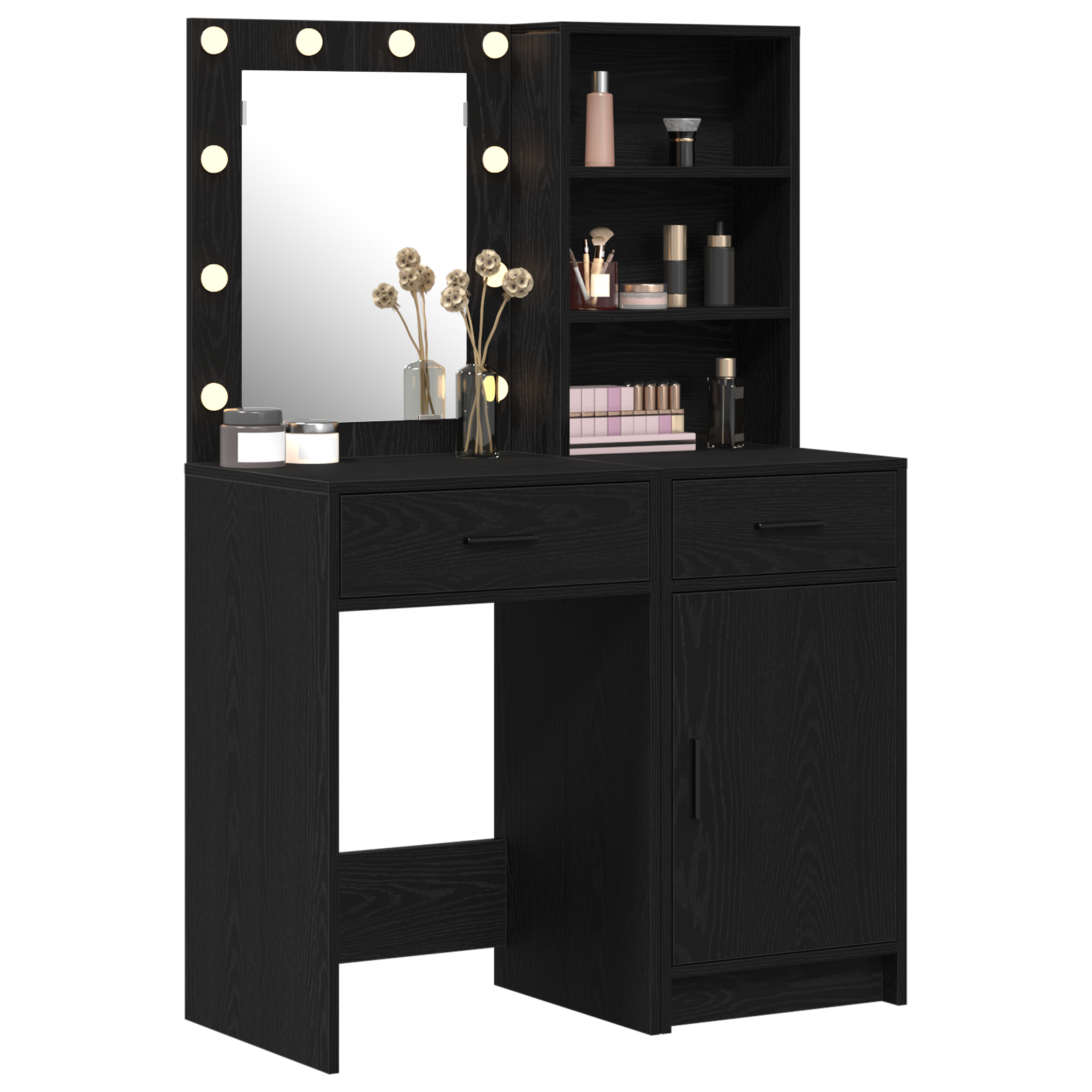 2 Piece Dressing Table Set with LED Black Engineered Wood - Image 3