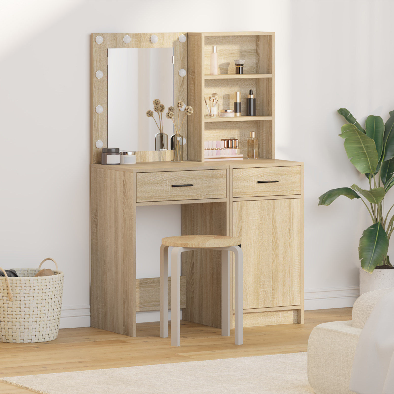 2 Piece Dressing Table Set with LED Sonoma Oak Engineered Wood