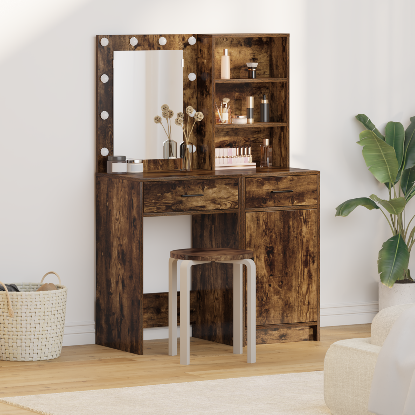 2 Piece Dressing Table Set with LED Smoked Oak Engineered Wood