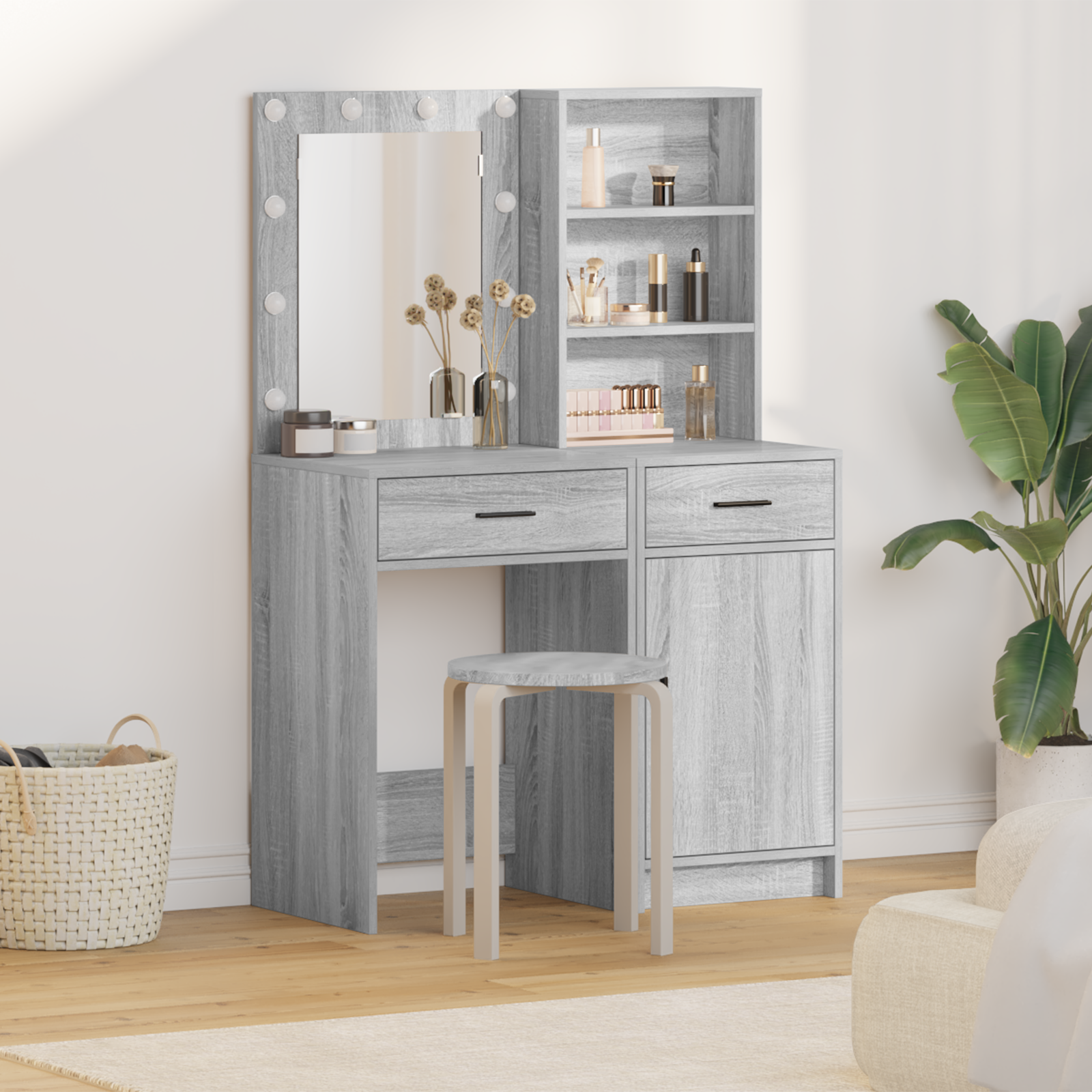 2 Piece Dressing Table Set with LED Grey Sonoma Engineered Wood