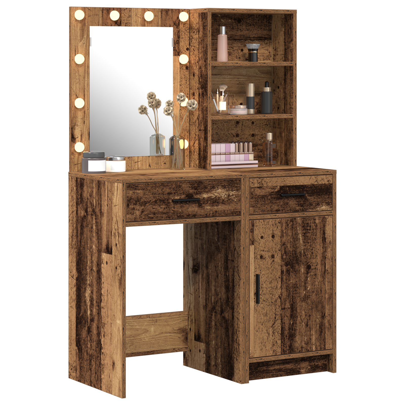 2 Piece Dressing Table Set with LED Old Wood Engineered Wood - Image 3