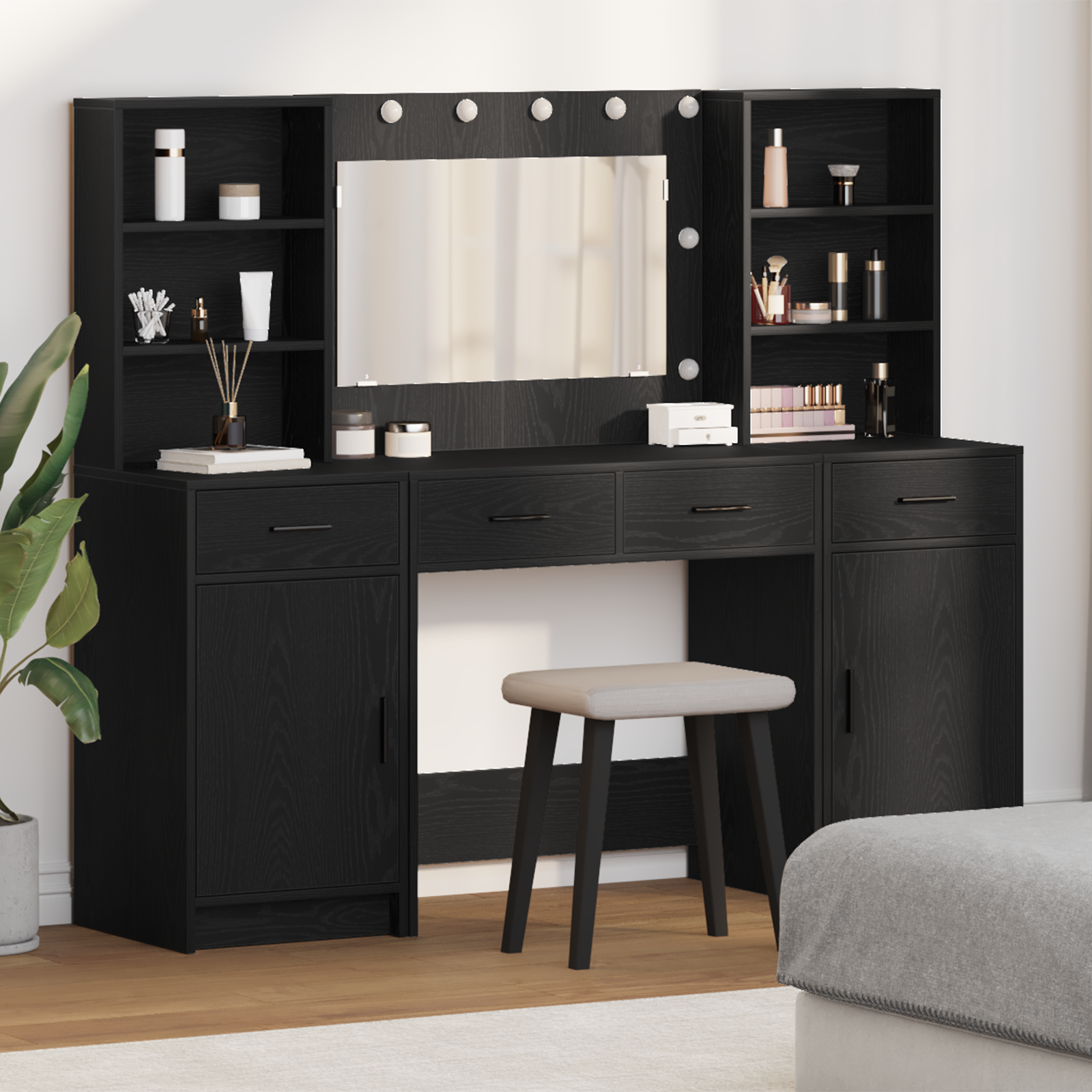 3 Piece Dressing Table Set  Black Engineered Wood