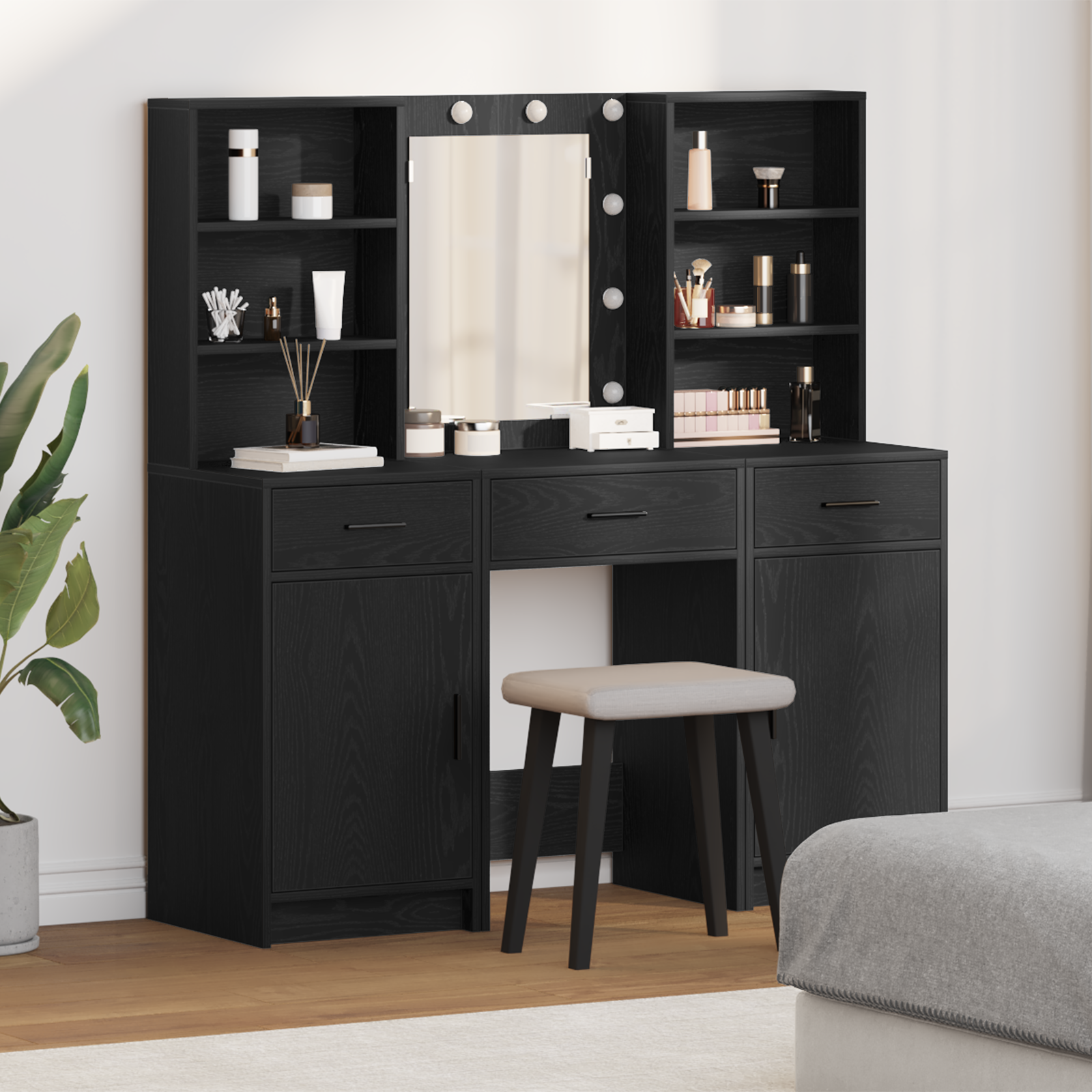 3 Piece Dressing Table Set  Black Engineered Wood