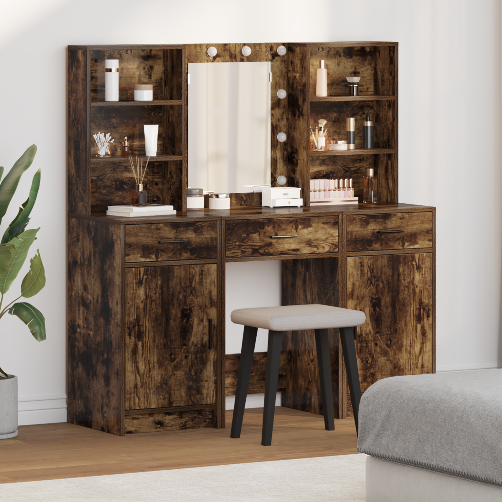 3 Piece Dressing Table Set Smoked Oak Engineered Wood