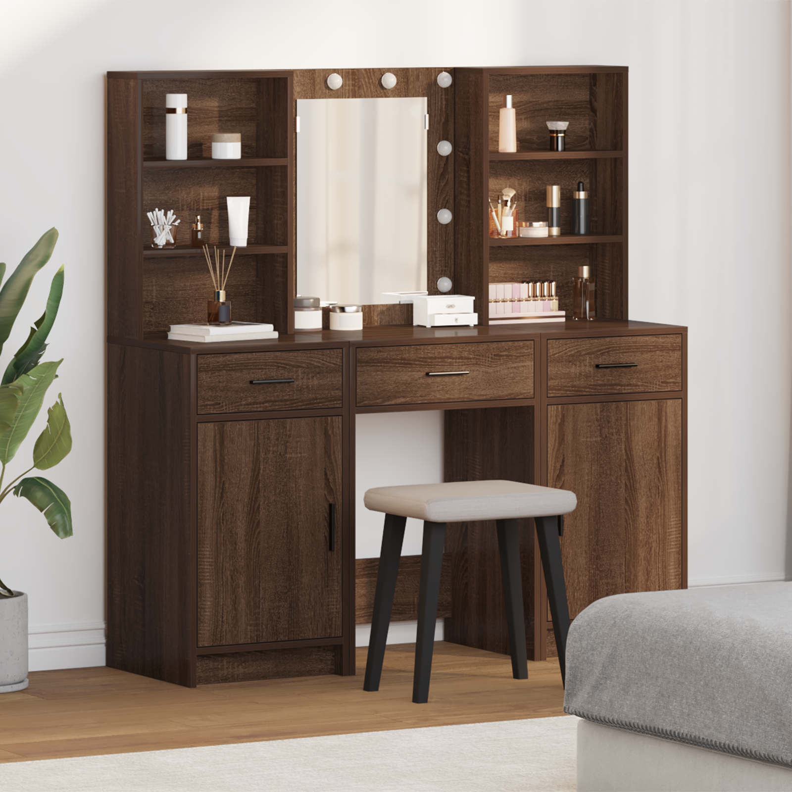 3 Piece Dressing Table Set Brown Oak Engineered Wood