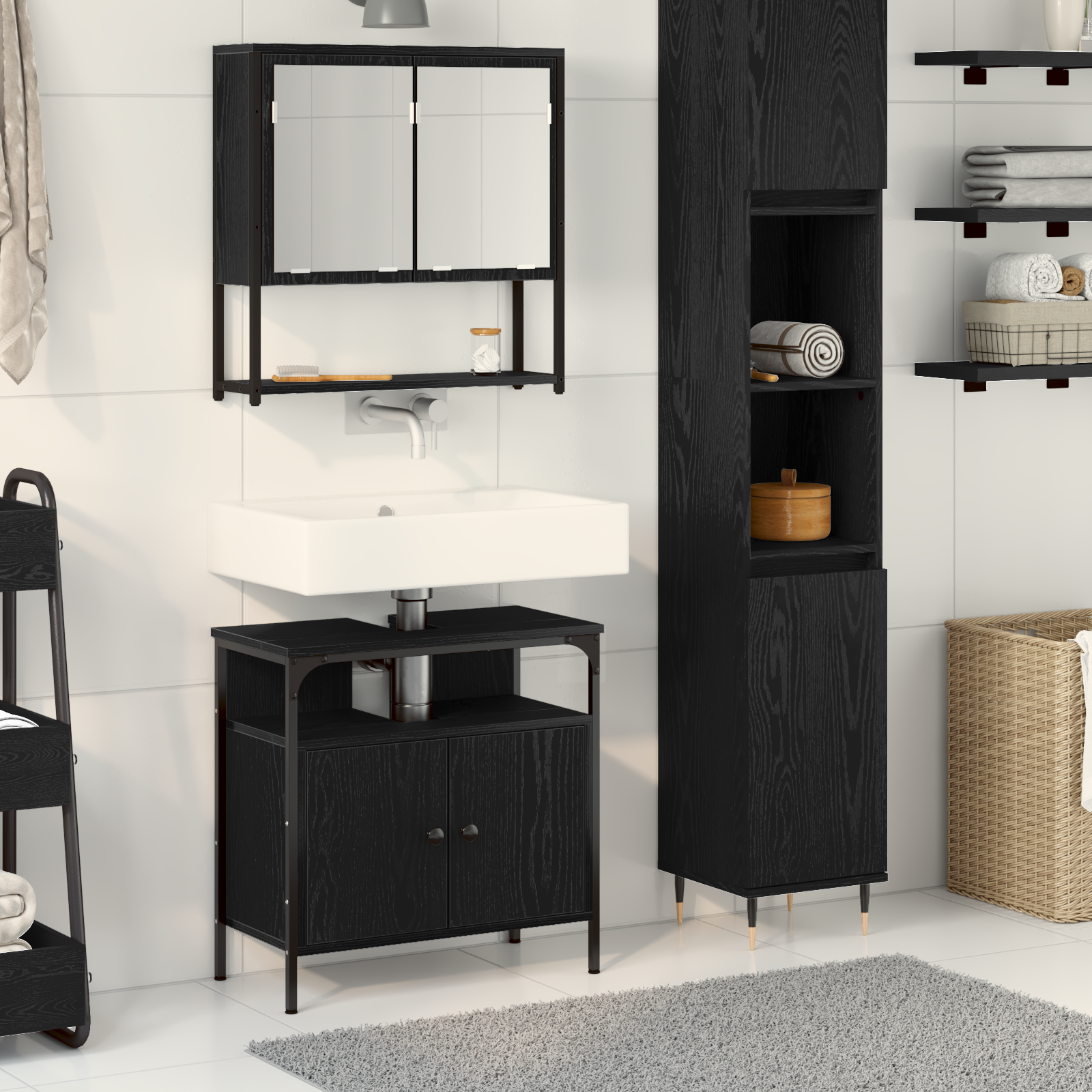 2 Piece Bathroom Furniture Set Black Oak Engineered Wood