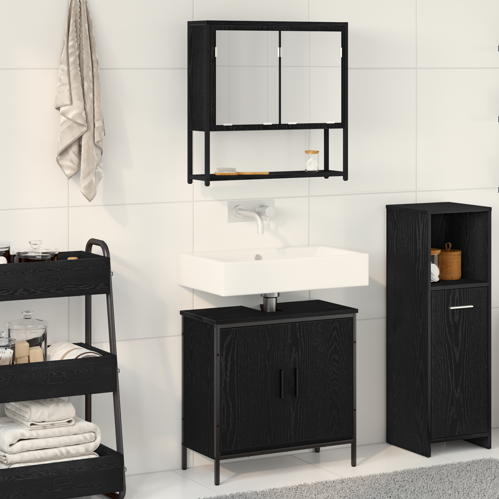 2 Piece Bathroom Furniture Set Black Oak Engineered Wood