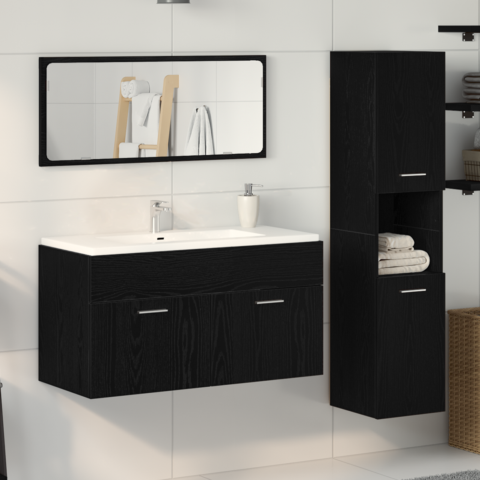 3 Piece Bathroom Furniture Set Black Oak Engineered Wood