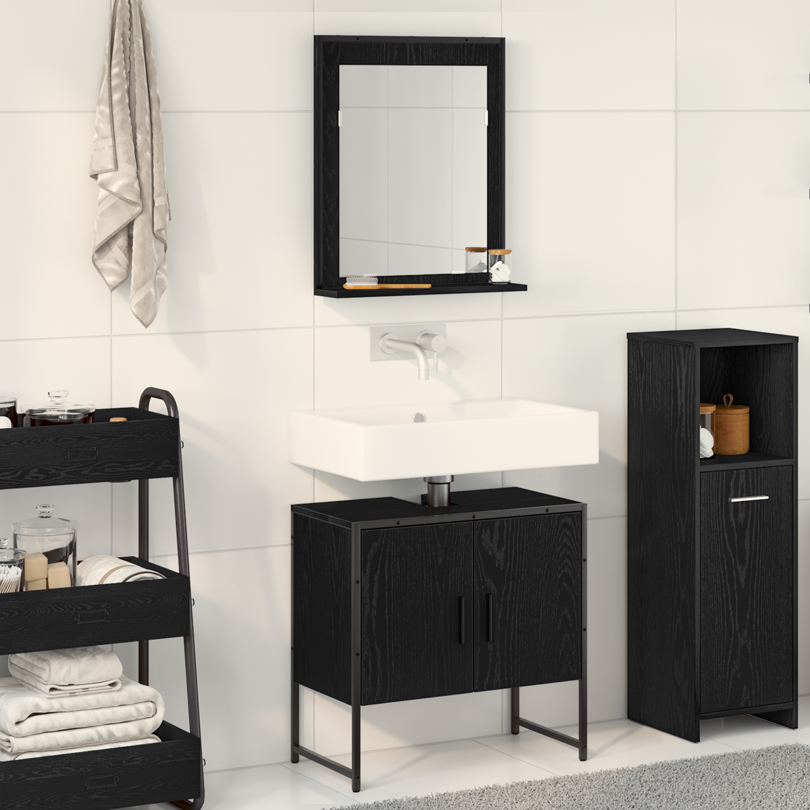 2 Piece Bathroom Cabinet Set Black Oak Engineered Wood