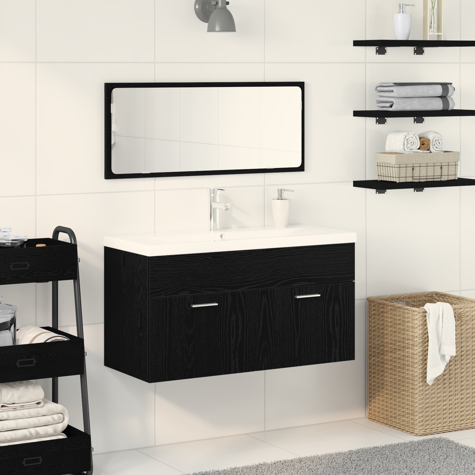 Bathroom Furniture Set Set of 2 Black Oak Engineered Wood, Glass