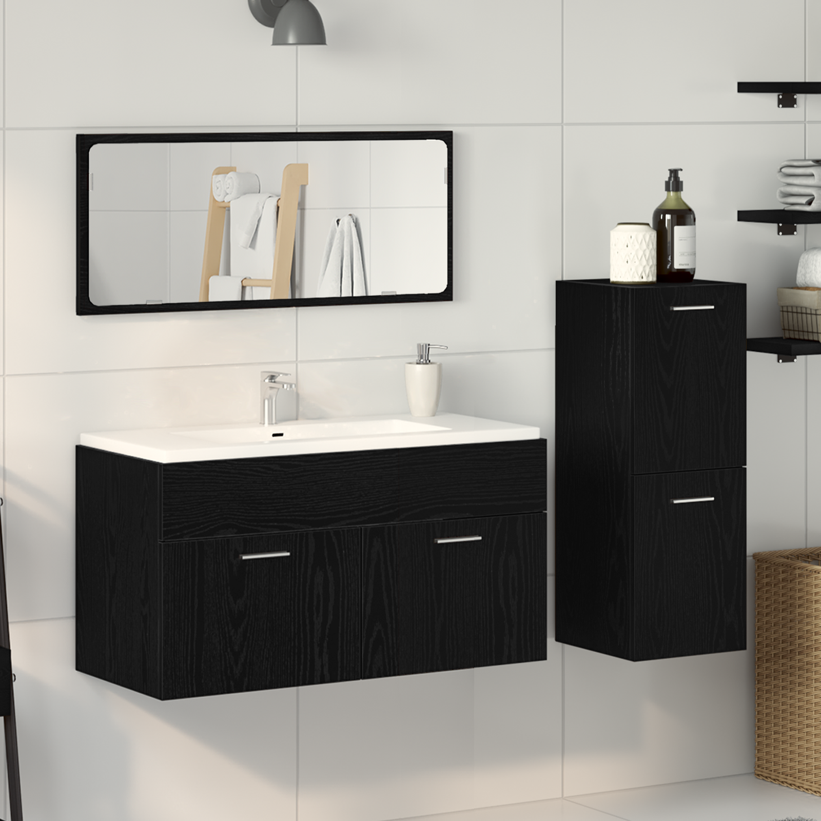 Bathroom Furniture Set Set of 3 Black oak Engineered wood, glass