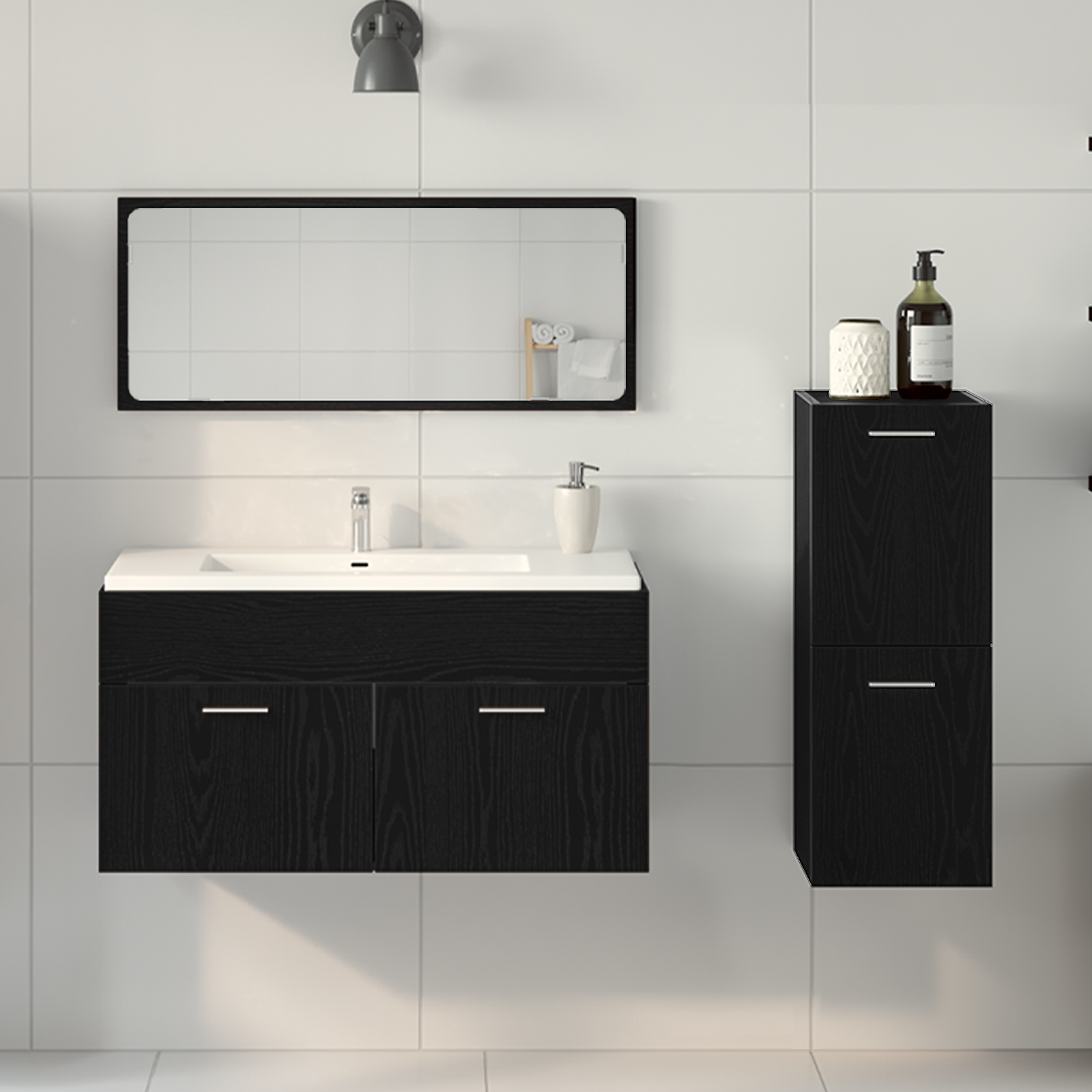 Bathroom Furniture Set Set of 3 Black oak Engineered wood, glass - Image 4