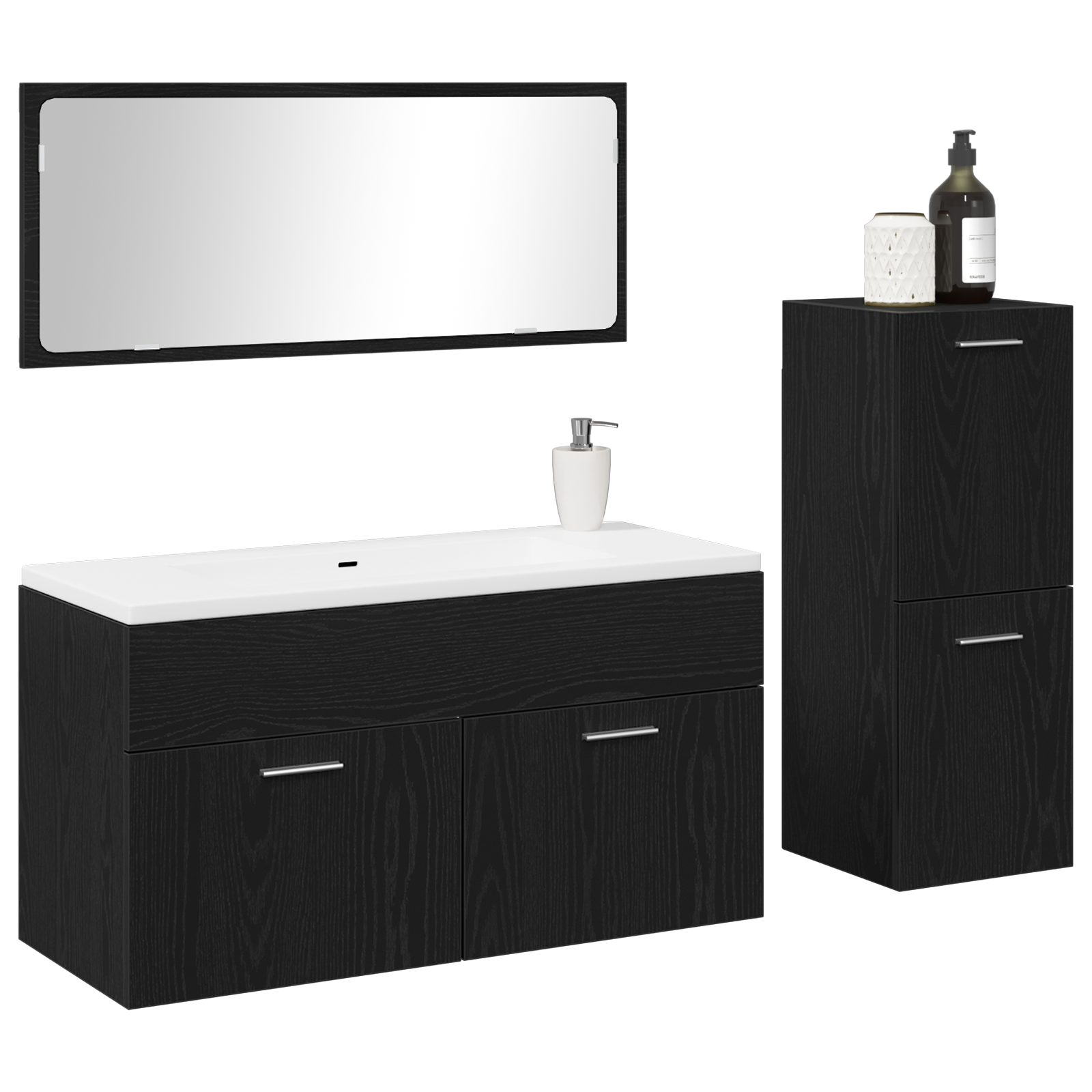 Bathroom Furniture Set Set of 3 Black oak Engineered wood, glass - Image 3