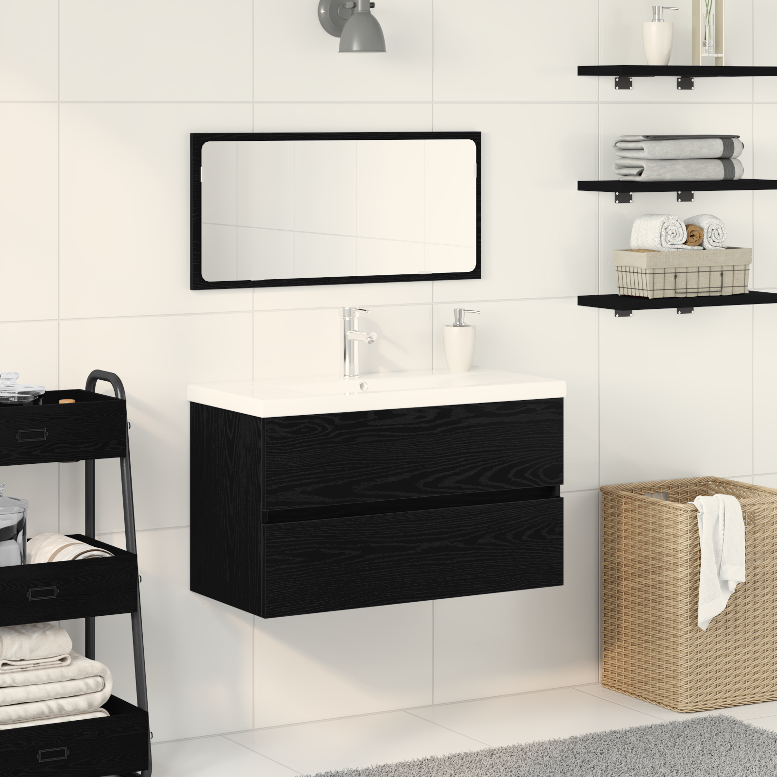3 Piece Bathroom Furniture Set Black Oak Engineered Wood