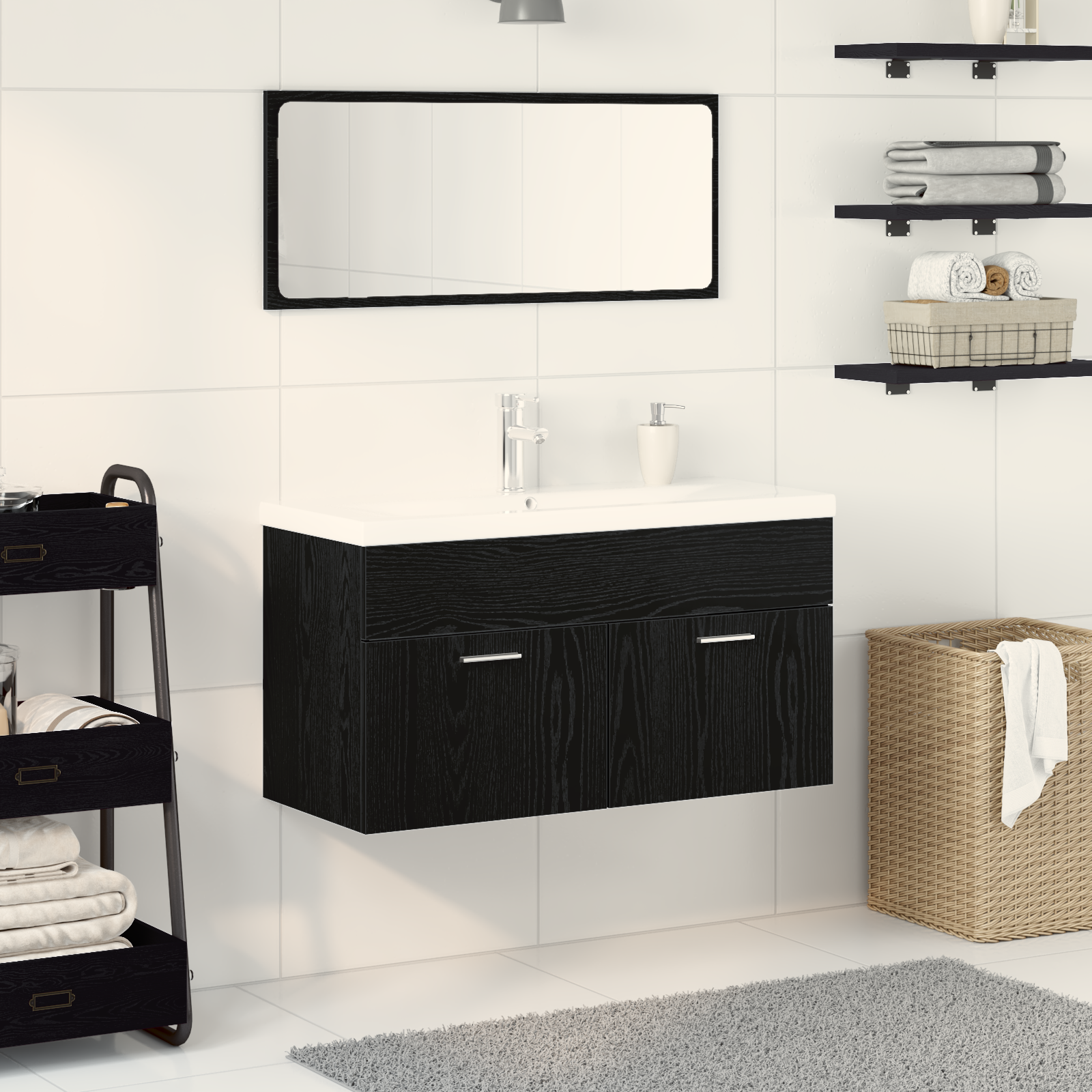 3 Piece Bathroom Furniture Set Black Oak Engineered Wood