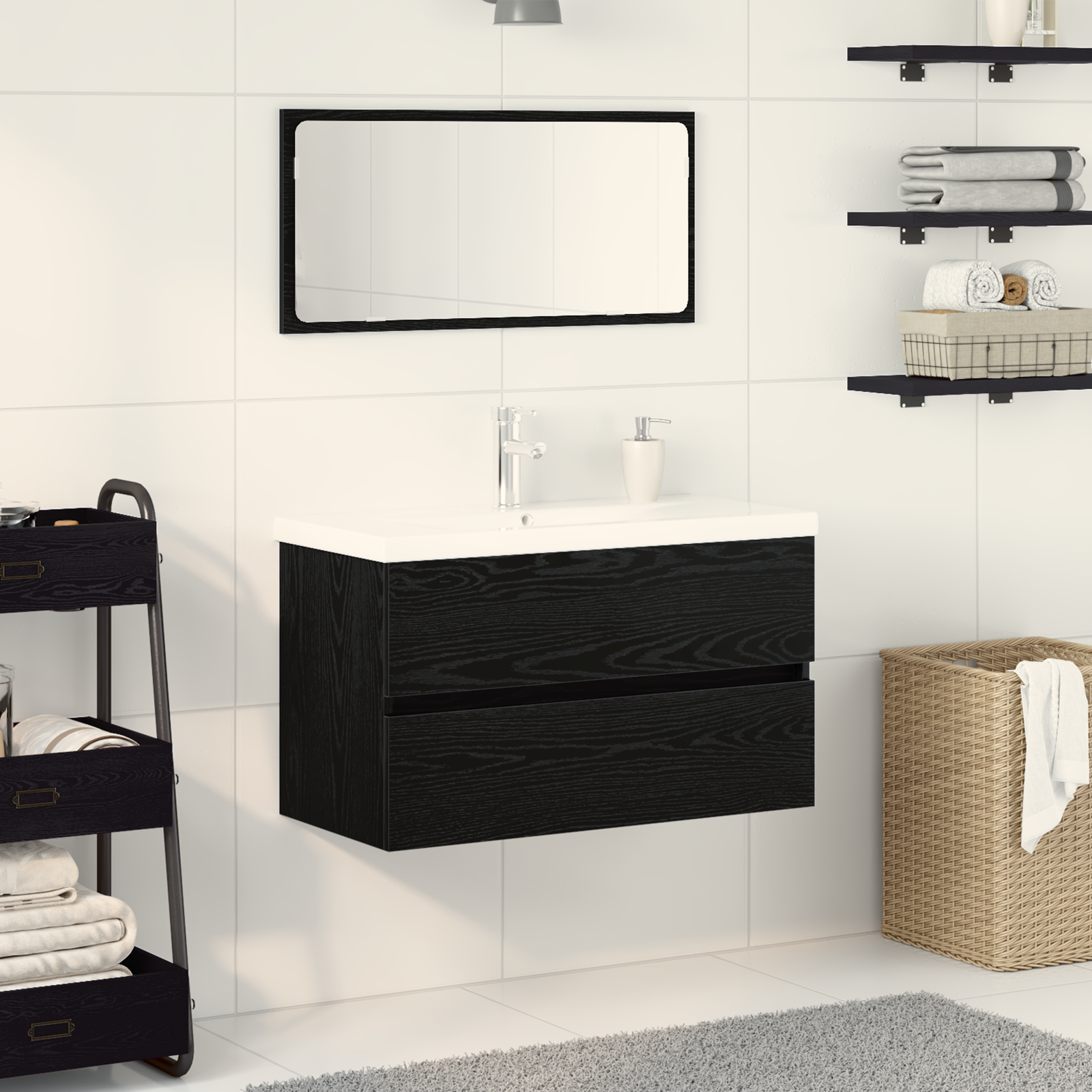 Bathroom Furniture Set Black Oak Engineered Wood