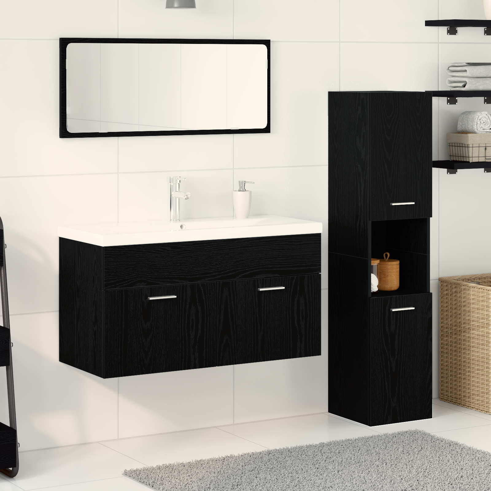 Bathroom Furniture Set Set of 3 Black Oak Engineered Wood Sleek