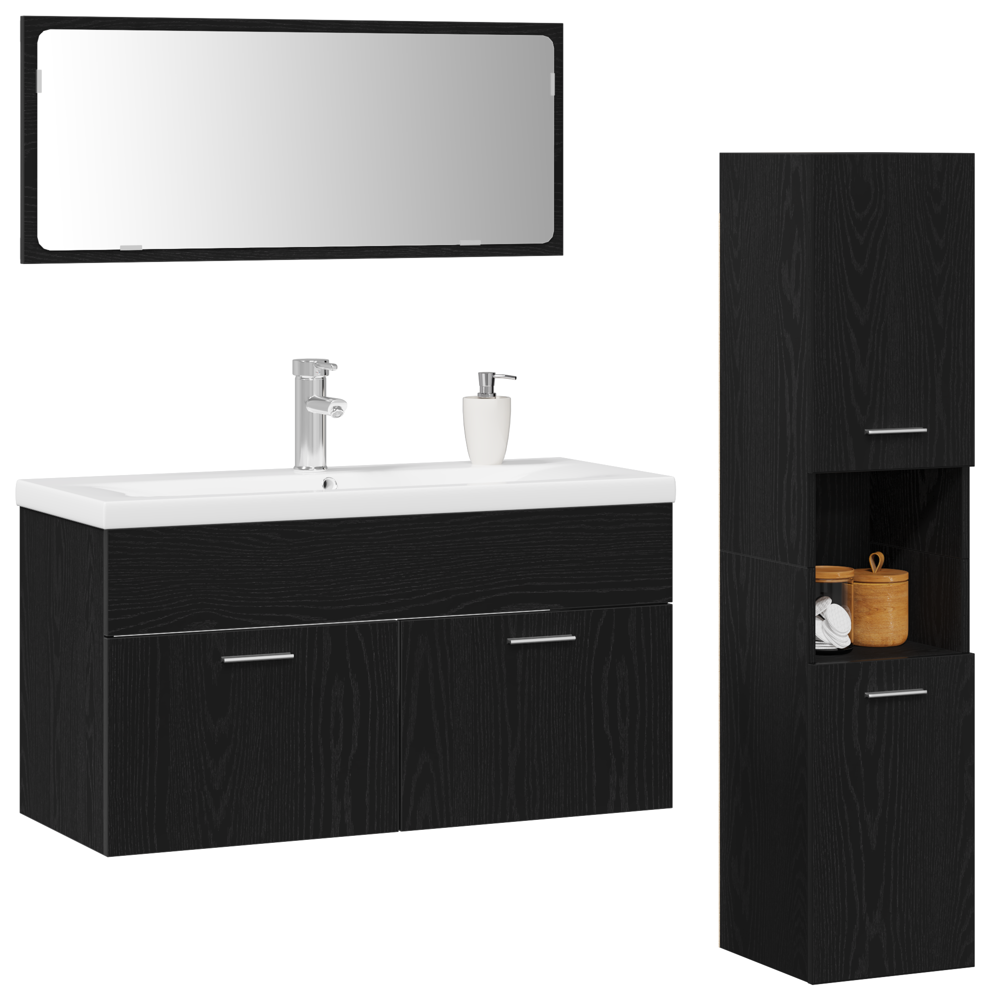 Bathroom Furniture Set Set of 3 Black Oak Engineered Wood Sleek - Image 3
