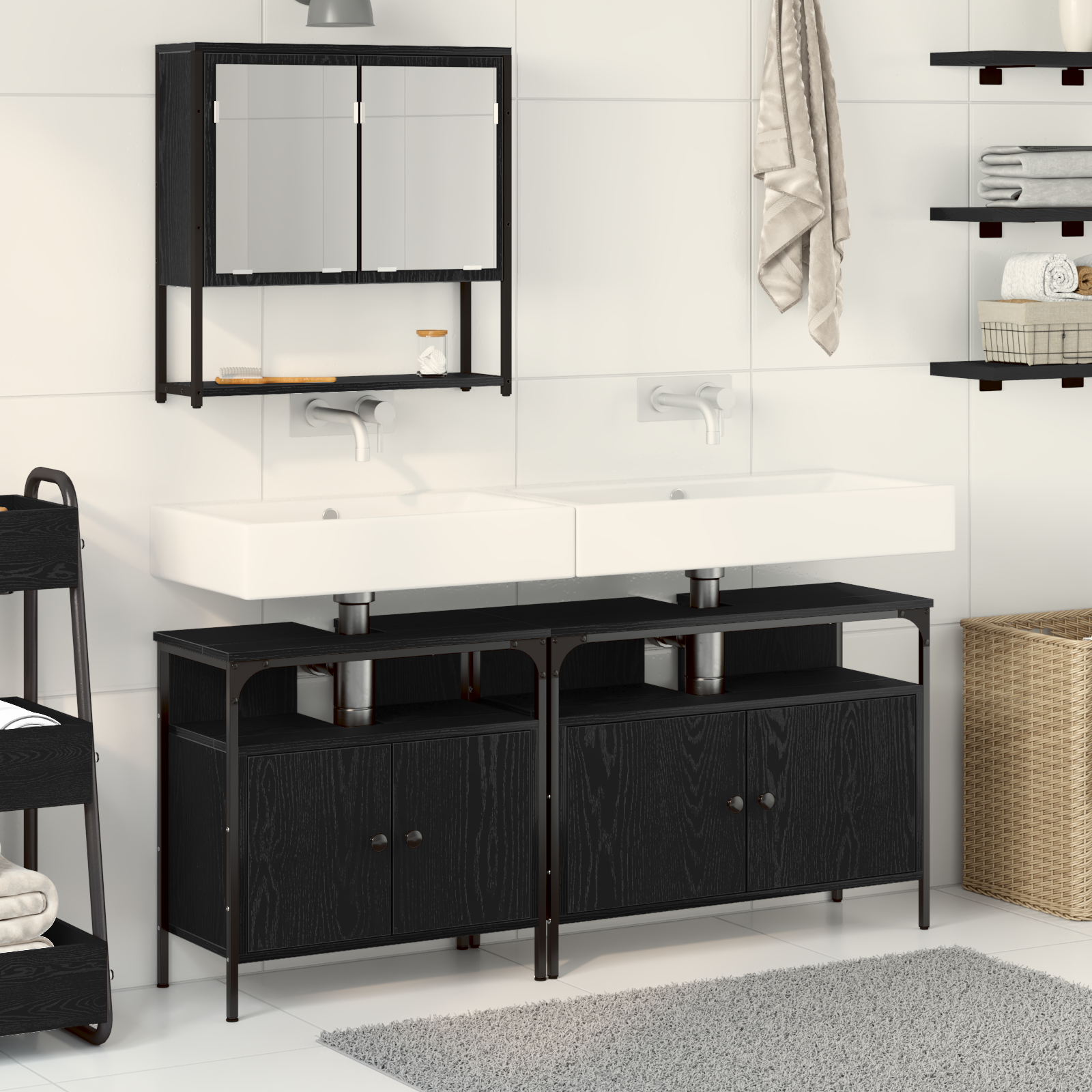 3 Piece Bathroom Furniture Set Black Oak Engineered Wood