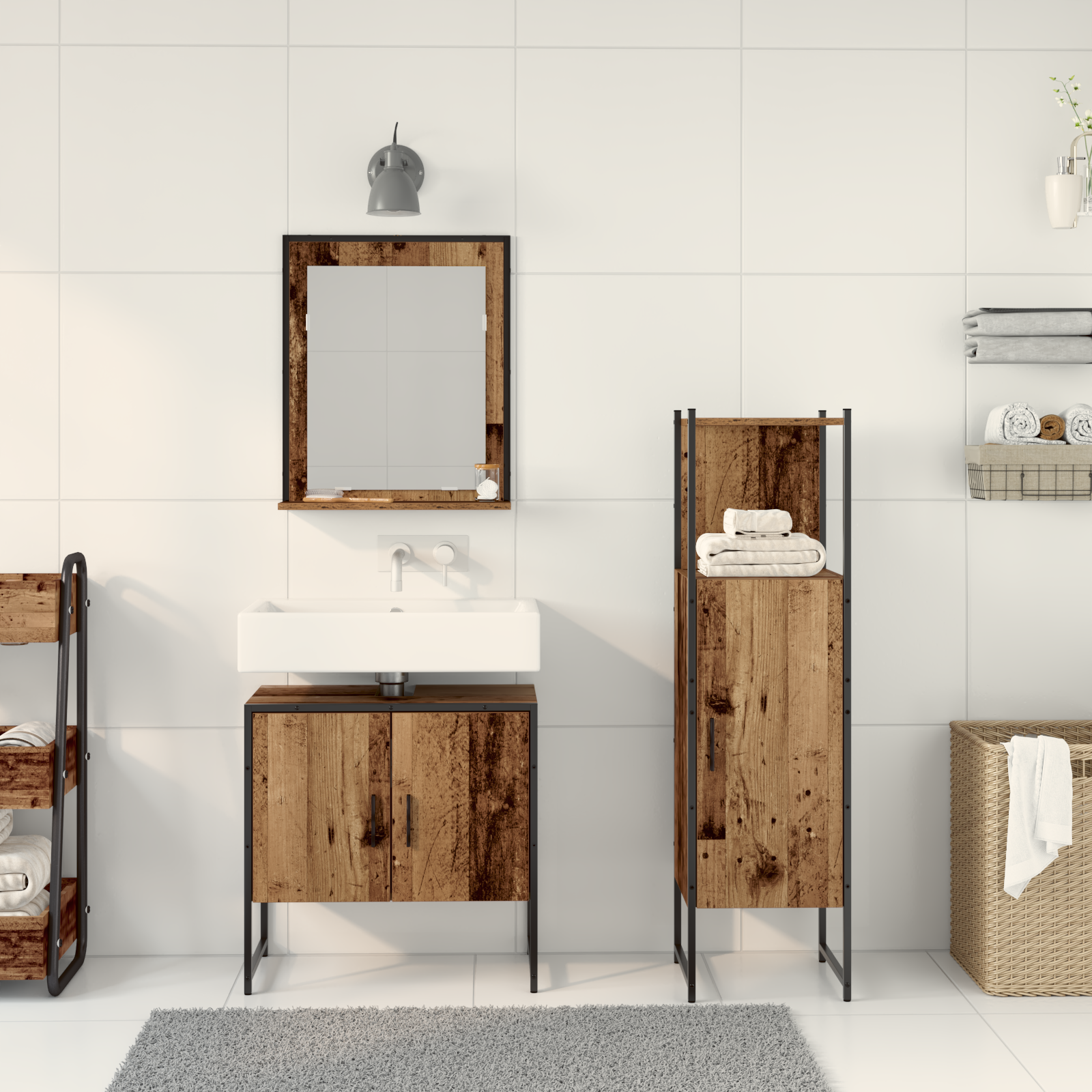 3 Piece Bathroom Cabinet Set Old Wood Engineered Wood - Image 4