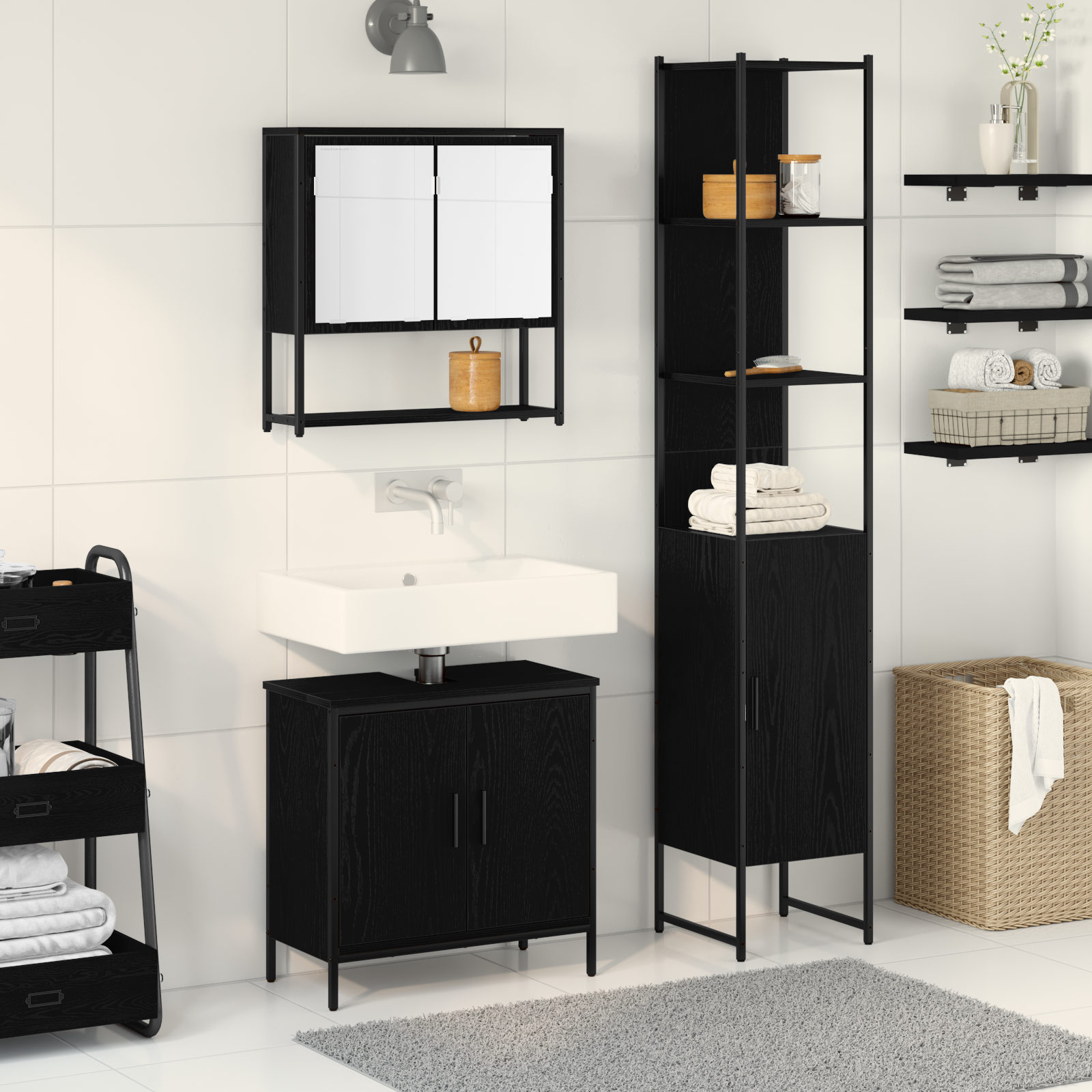 3 Piece Bathroom Furniture Set Black Oak Engineered Wood