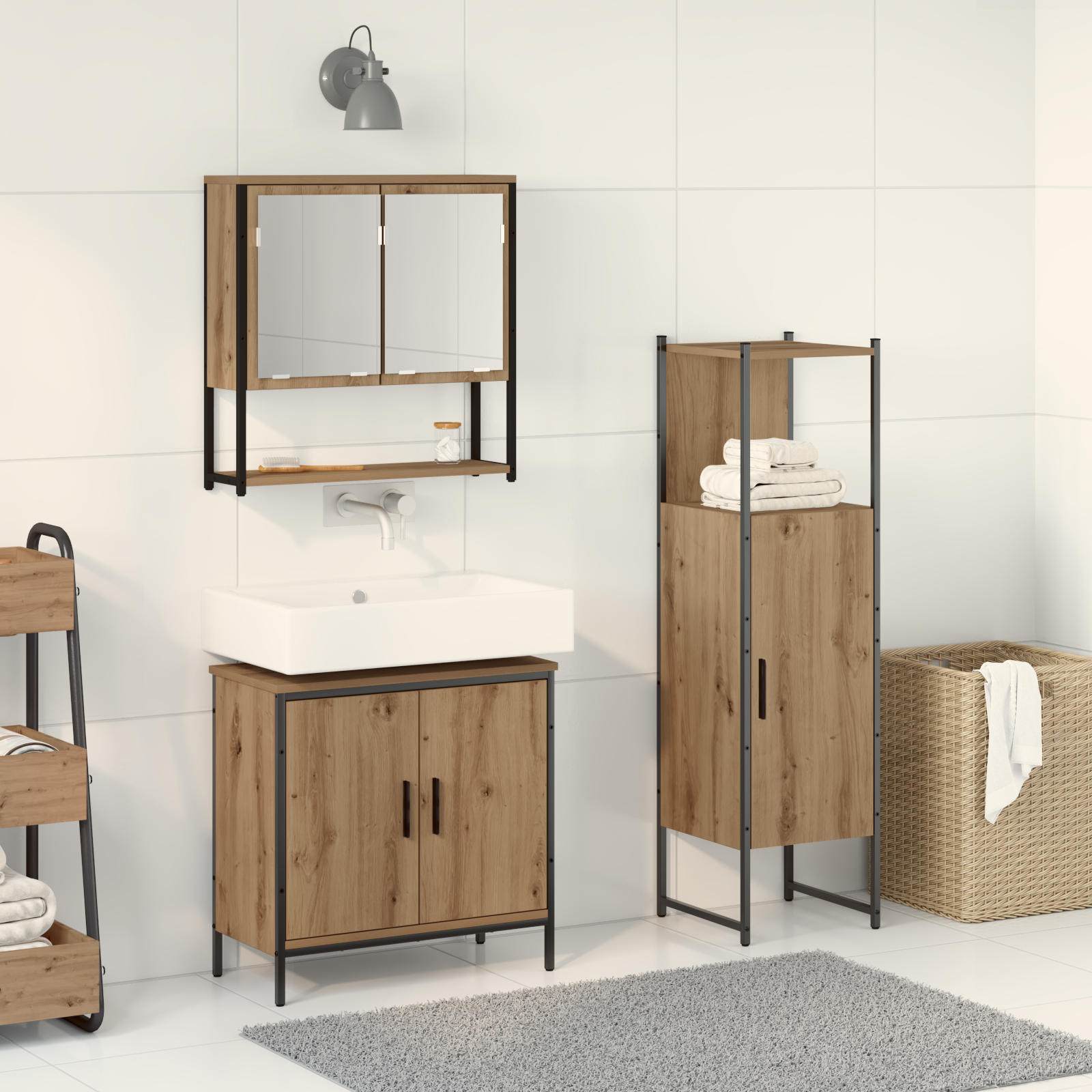 3-delige Badkamer Meubelset Massief Eiken Bewerkt Hout