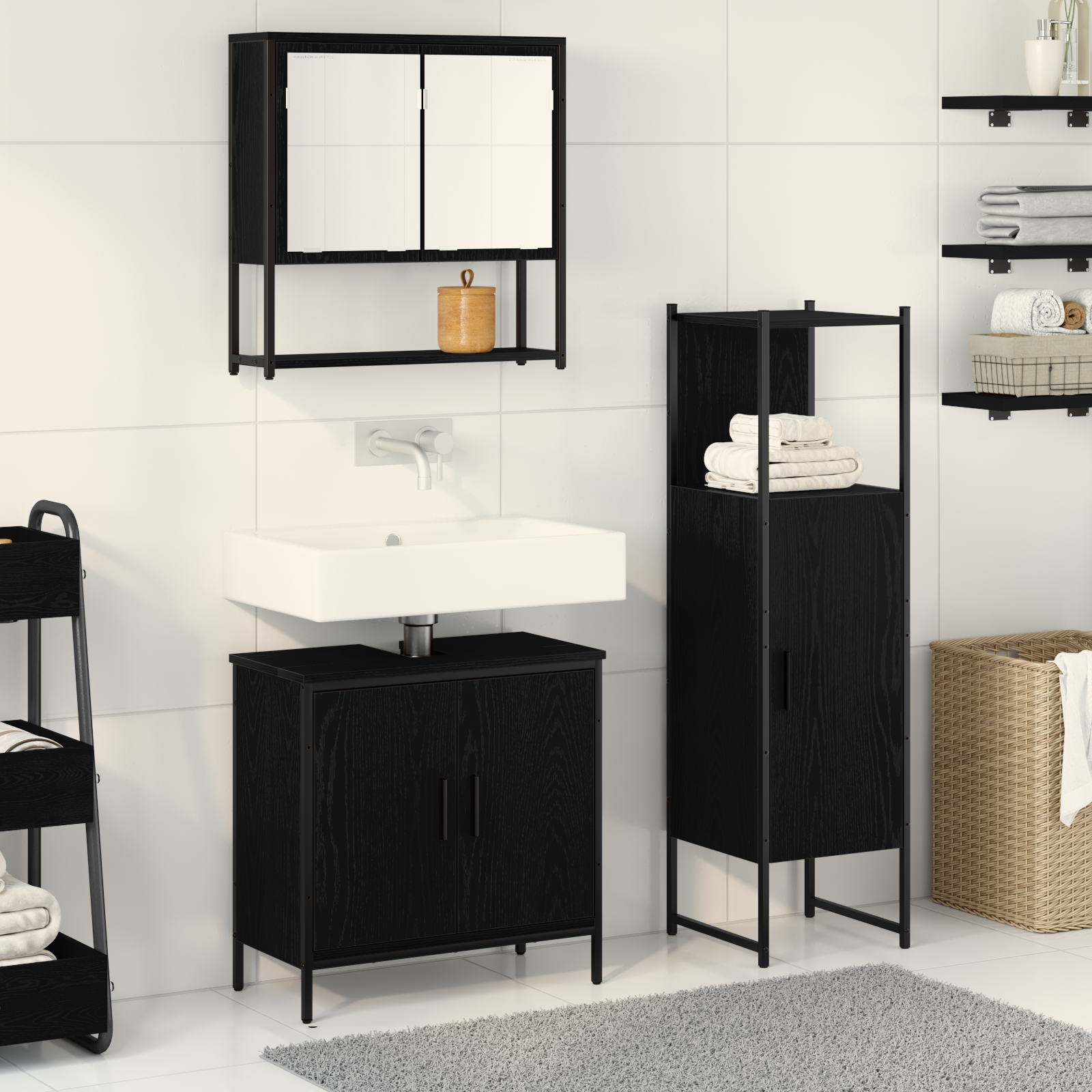 3 Piece Bathroom Furniture Set Black Oak Engineered Wood