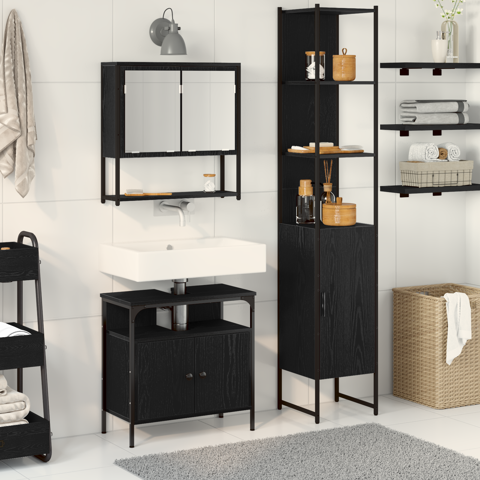3 Piece Bathroom Furniture Set Black Oak Engineered Wood