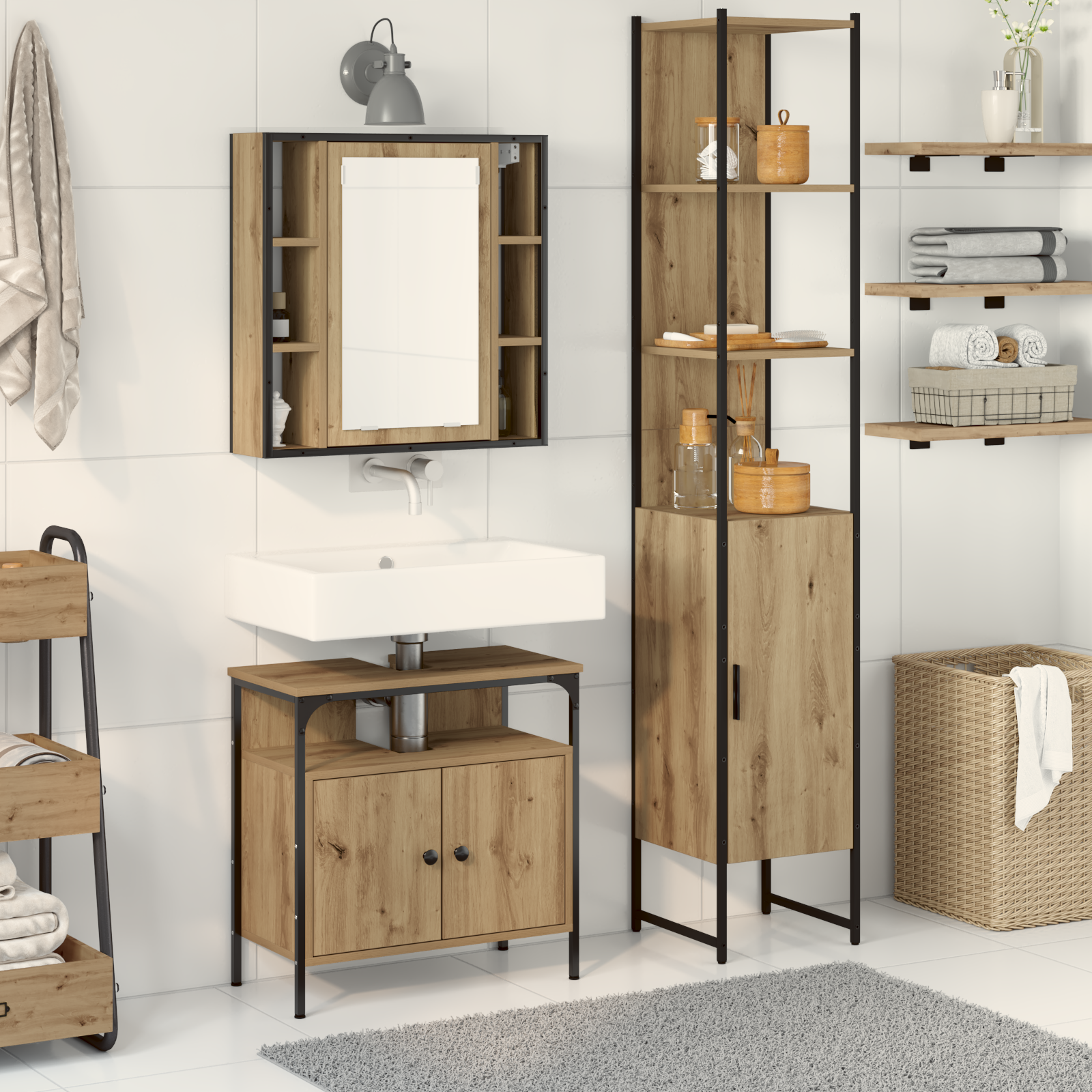 Bathroom Furniture Set Set of 3 Artisan Oak Engineered Wood, Metal