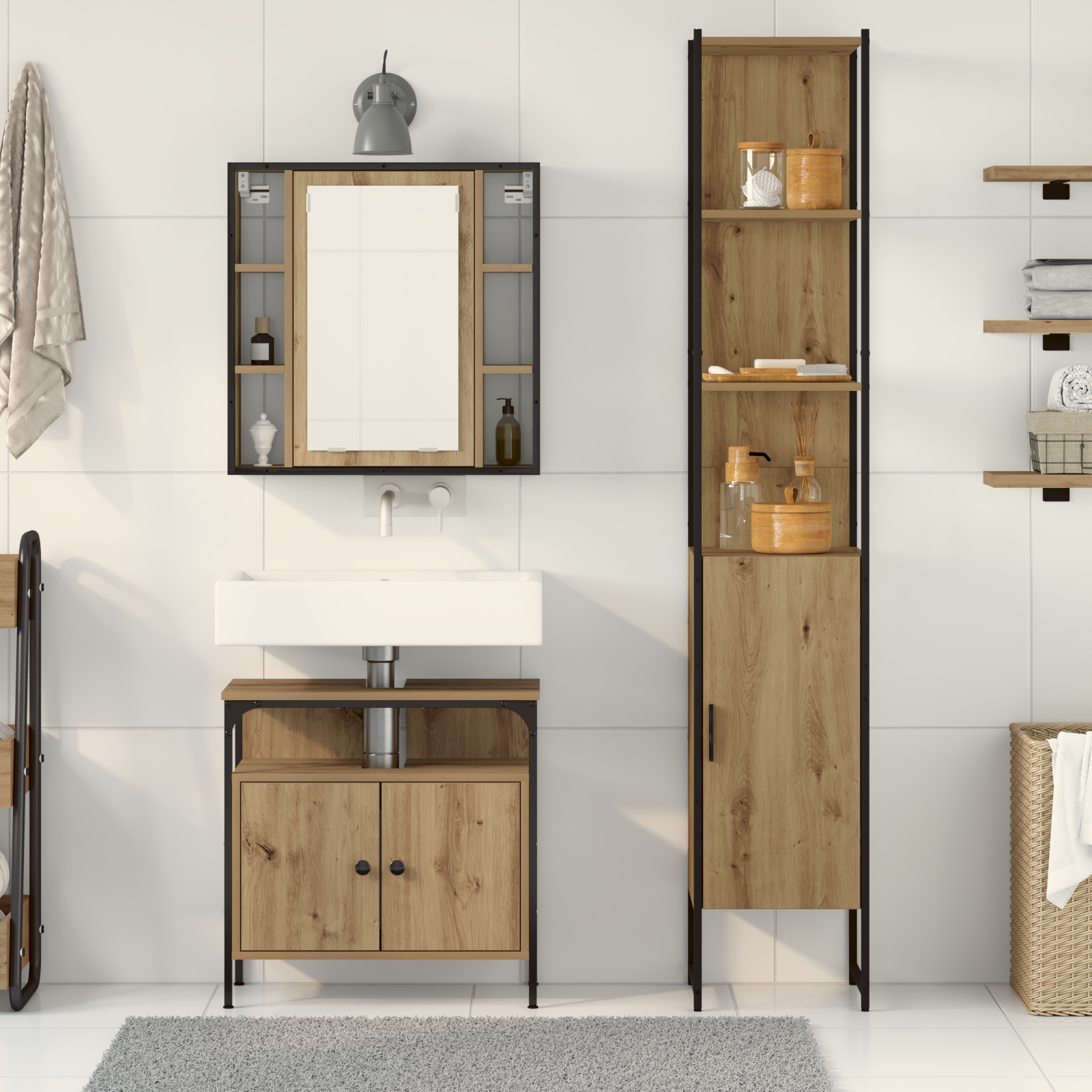 Bathroom Furniture Set Set of 3 Artisan Oak Engineered Wood, Metal - Image 4