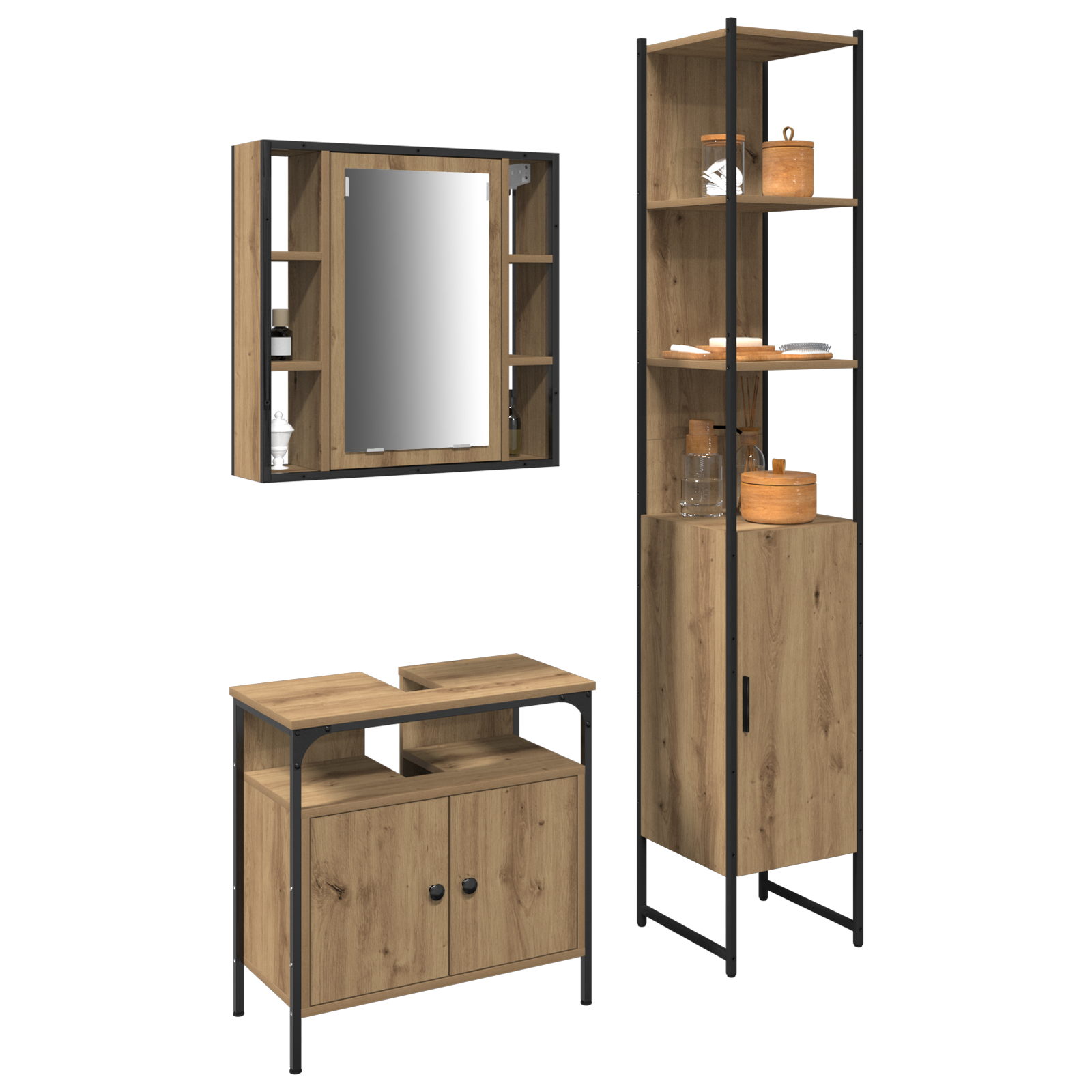 Bathroom Furniture Set Set of 3 Artisan Oak Engineered Wood, Metal - Image 3