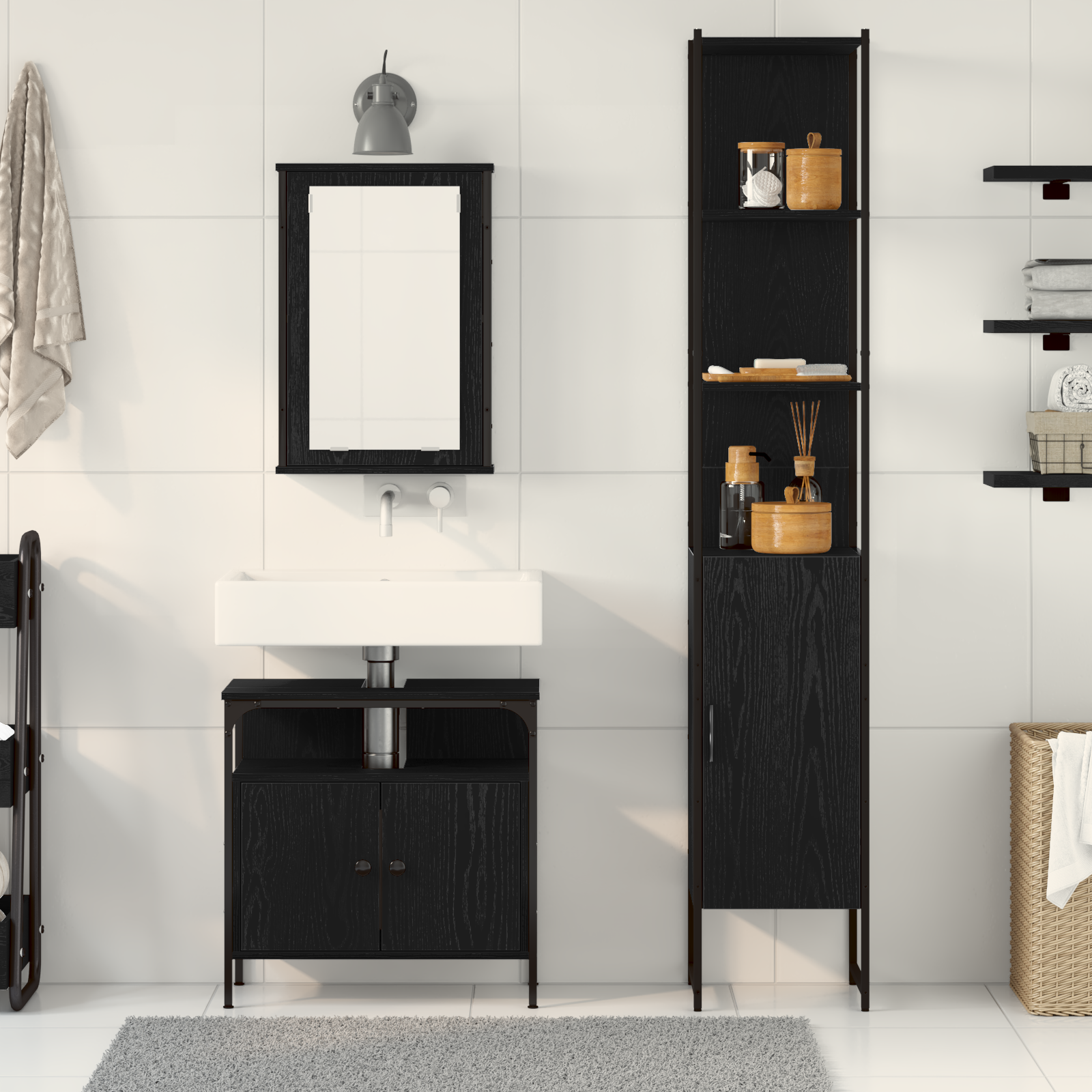 Bathroom Furniture Set Set of 3 Black Oak Engineered Wood - Image 4