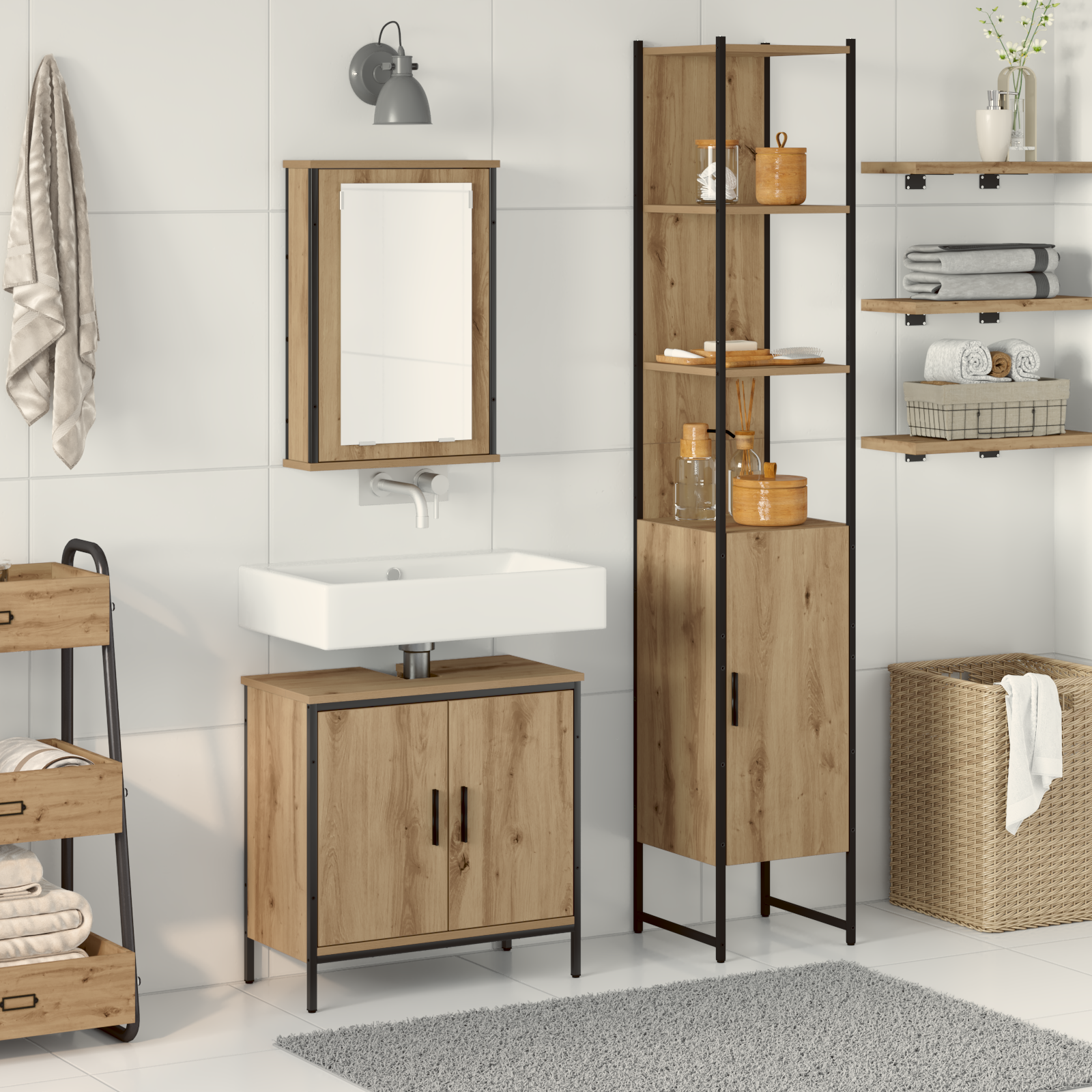 3 Piece Bathroom Furniture Set Artisan Oak Engineered Wood