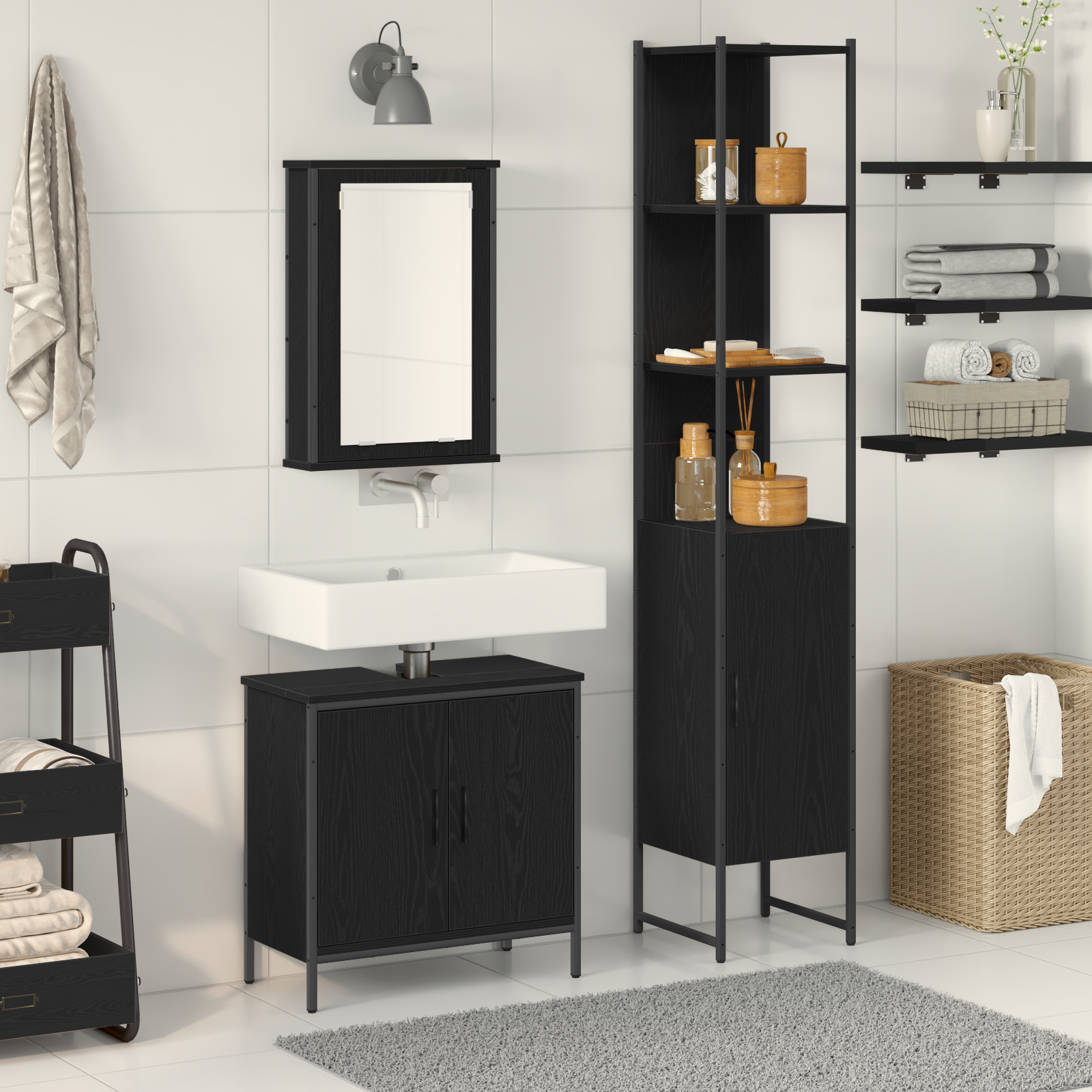 3 Piece Bathroom Furniture Set Black Oak Engineered Wood