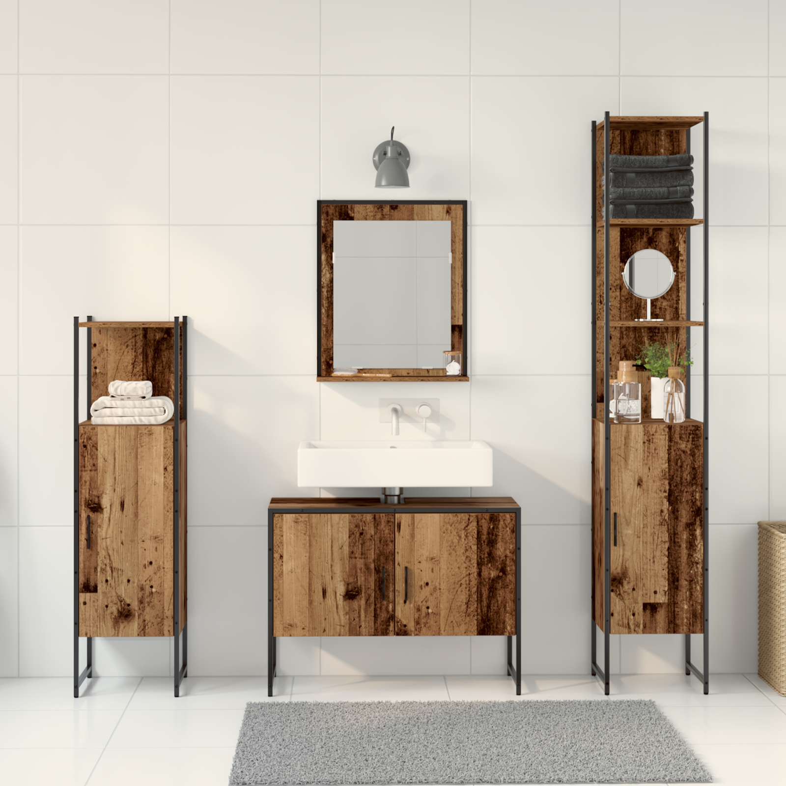 4 Piece Bathroom Furniture Set Old Wood Engineered Wood - Image 4