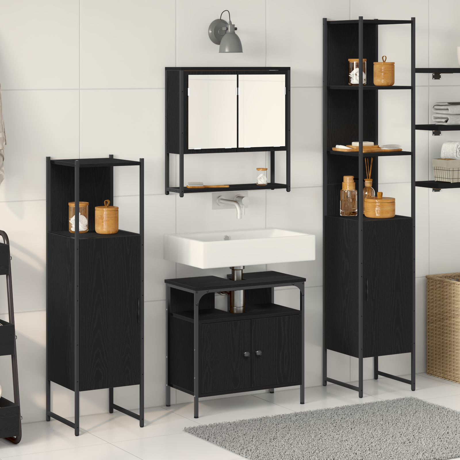 4 Piece Bathroom Furniture Set Black Oak Engineered Wood