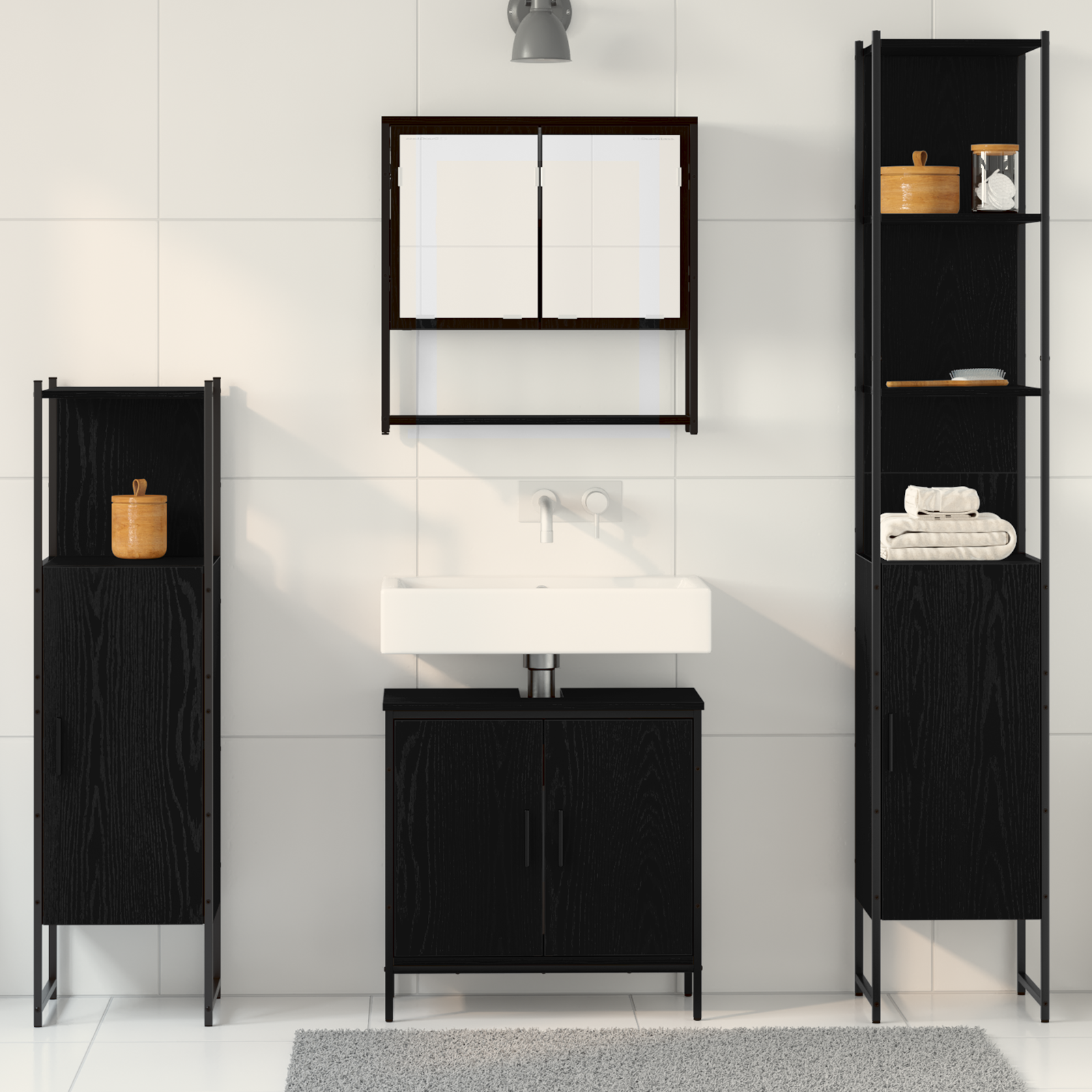4 Piece Bathroom Furniture Set Black Oak Engineered Wood - Image 4