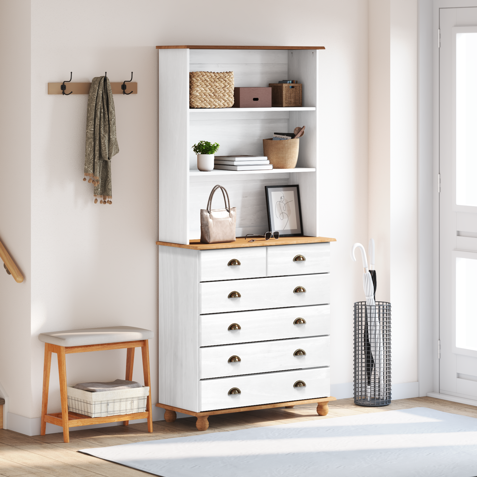Hutch “ASKIM” White 91x40x199.5 cm Solid Wood Pine - Image 4