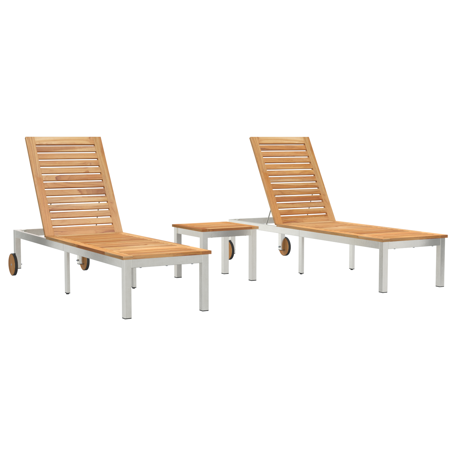 Шезлонги vidaXL 2 бр с маса от масивно тиково дърво, Шезлонг vidaXL с колела 207x58x35 см от масивно дърво акация и неръждаема стомана - Image 2