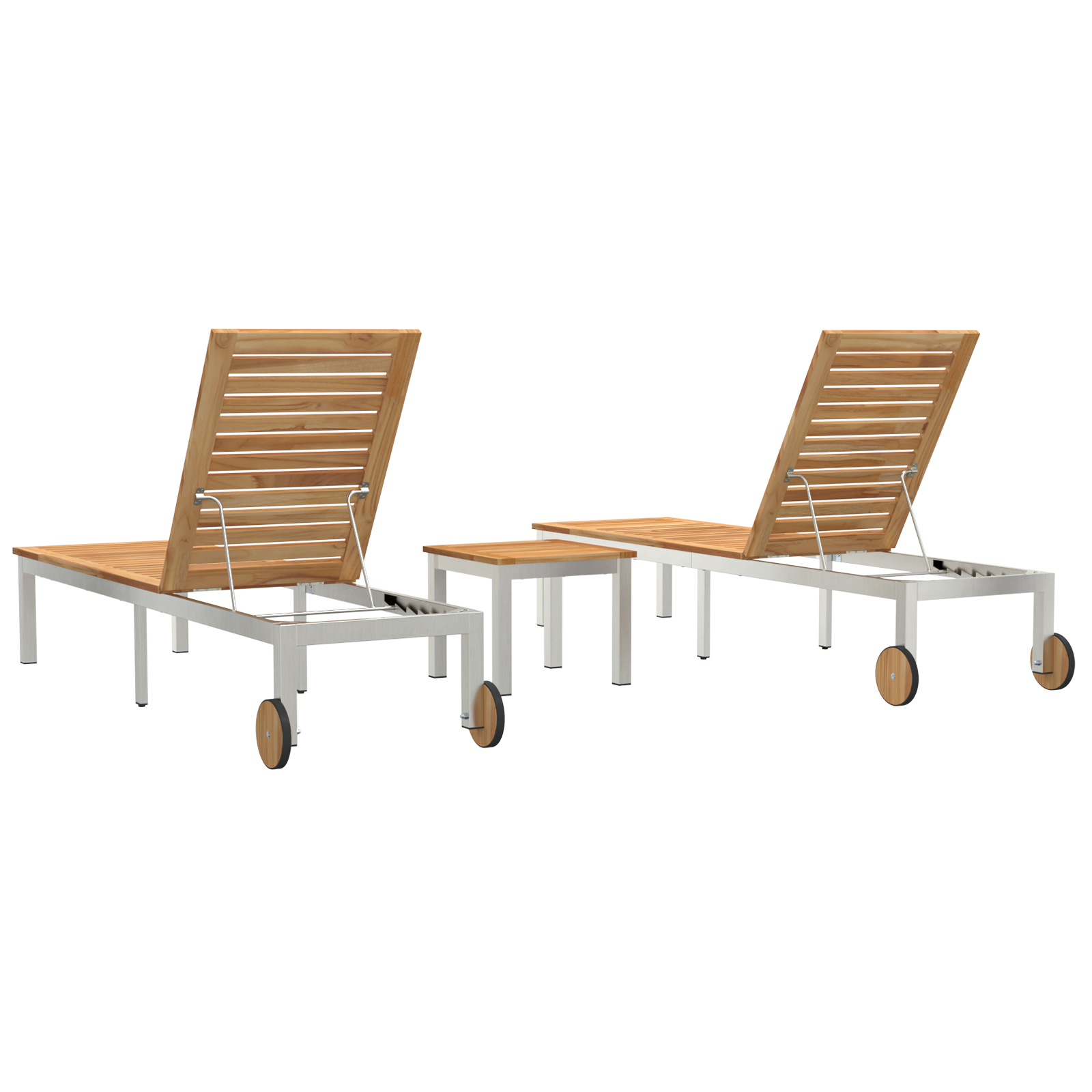 Шезлонги vidaXL 2 бр с маса от масивно тиково дърво, Шезлонг vidaXL с колела 207x58x35 см от масивно дърво акация и неръждаема стомана - Image 8