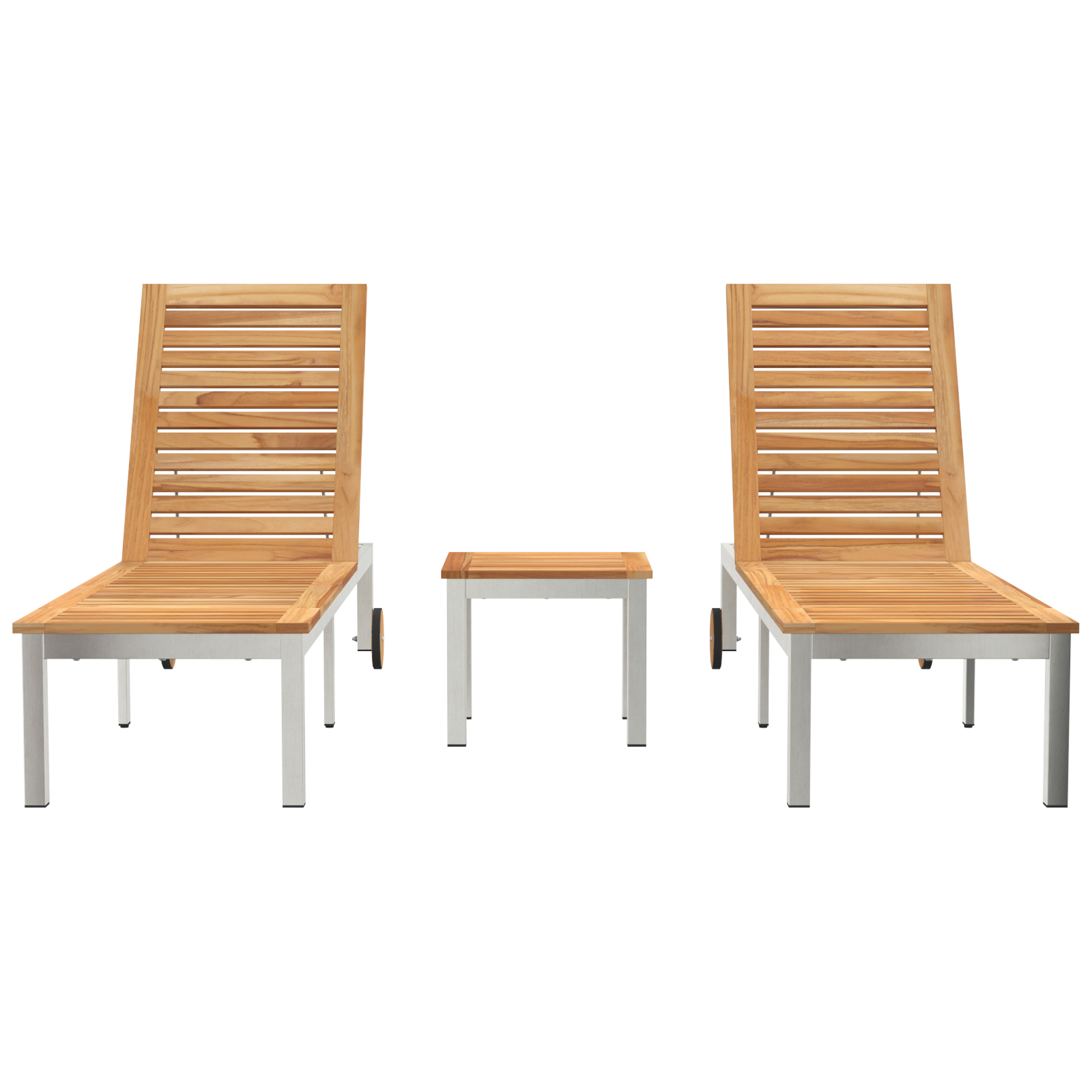 Шезлонги vidaXL 2 бр с маса от масивно тиково дърво, Шезлонг vidaXL с колела 207x58x35 см от масивно дърво акация и неръждаема стомана - Image 7