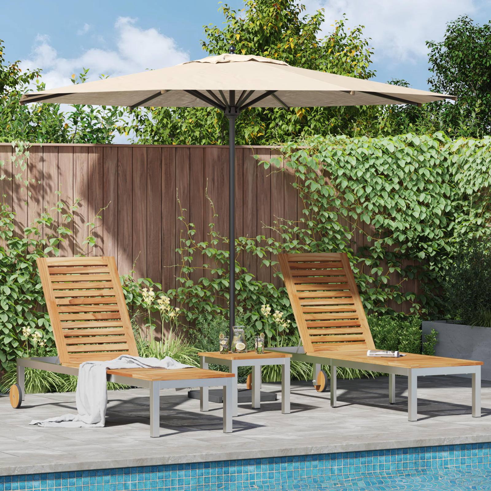 Zonnebedden 2 stuks met Tafel Massief Hout Teak