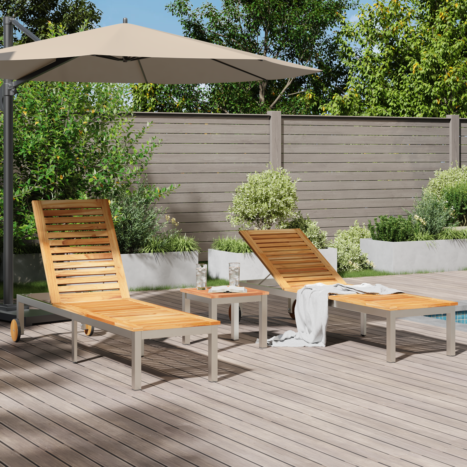 Шезлонги vidaXL 2 бр с маса от масивно тиково дърво, Шезлонг vidaXL с колела 207x58x35 см от масивно дърво акация и неръждаема стомана - Image 4