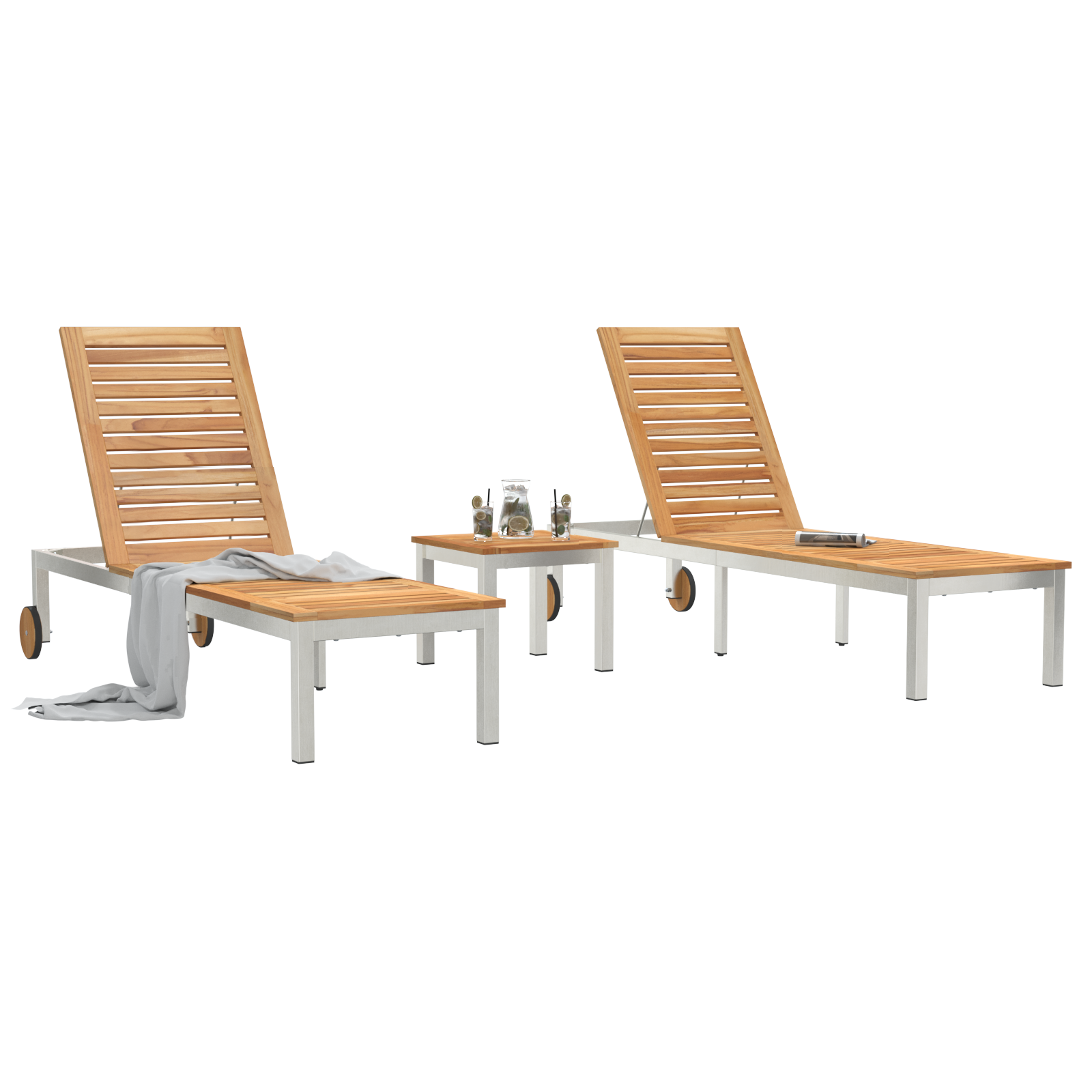 Шезлонги vidaXL 2 бр с маса от масивно тиково дърво, Шезлонг vidaXL с колела 207x58x35 см от масивно дърво акация и неръждаема стомана - Image 3