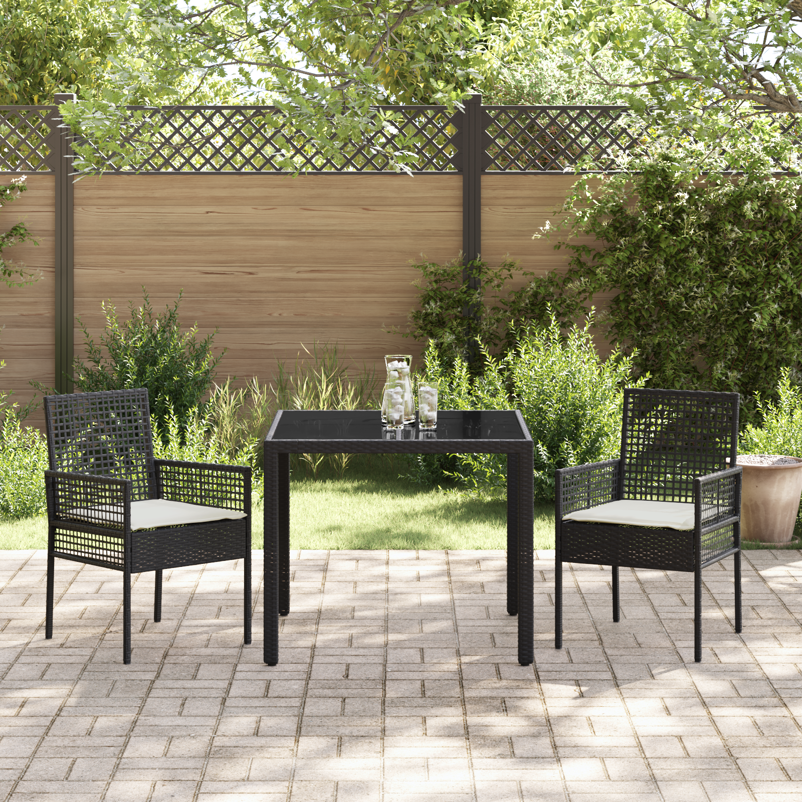 3 Piece Garden Dining Set with Cushions Black Poly Rattan - Image 4