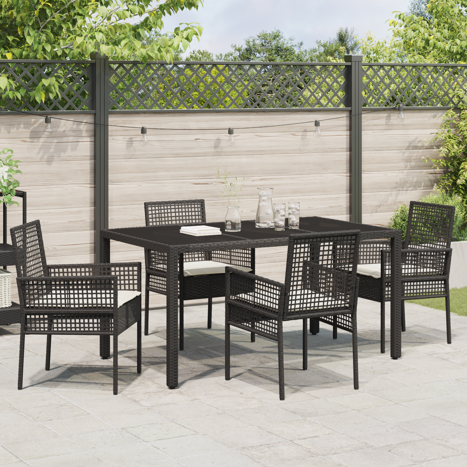 5 Piece Garden Dining Set with Cushions Black Poly Rattan - Image 4