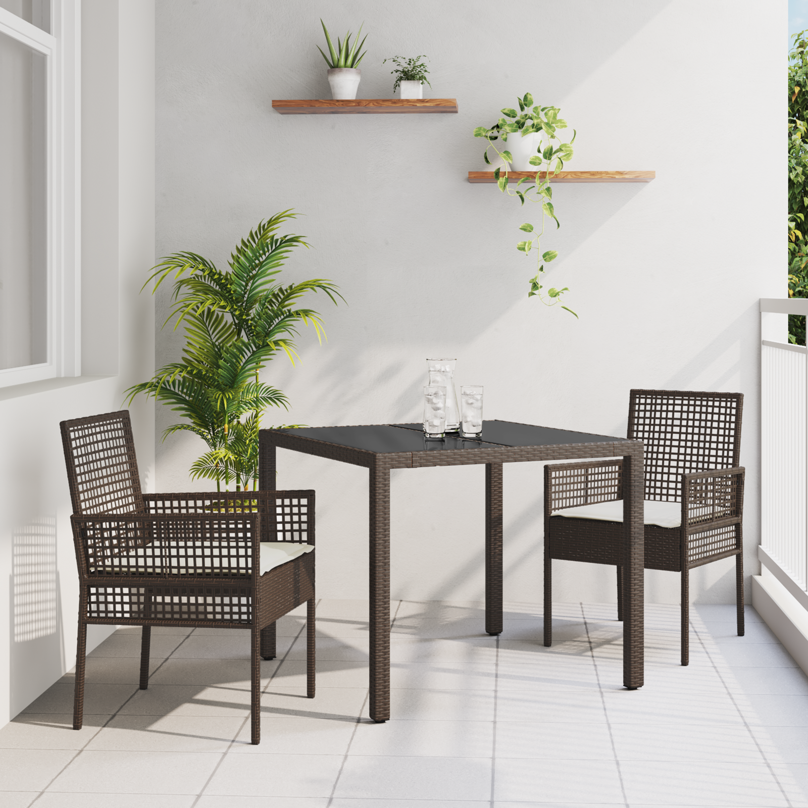 3 Piece Garden Dining Set with Cushions Brown Poly Rattan