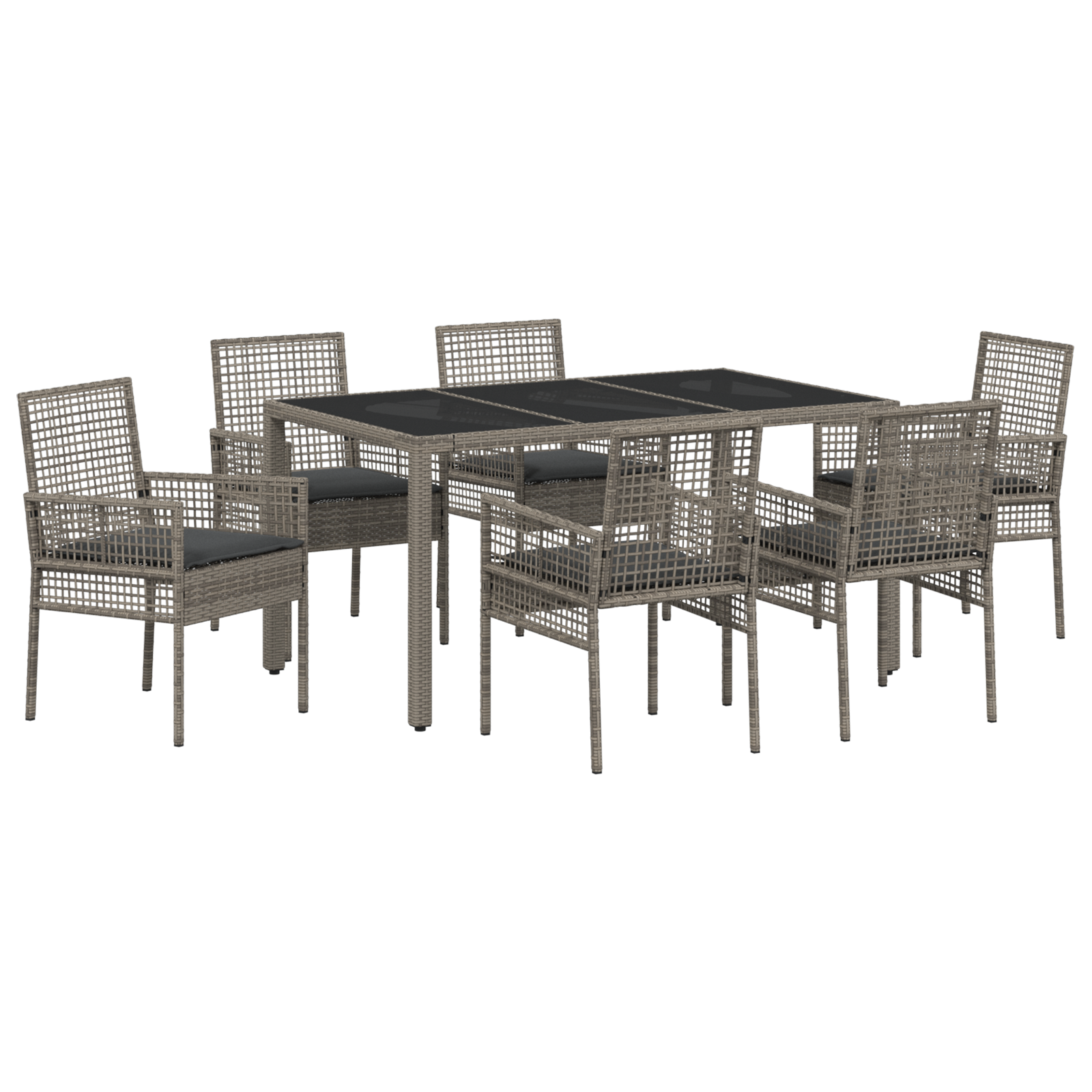 7 Piece Garden Dining Set with Cushions Grey Poly Rattan - Image 2